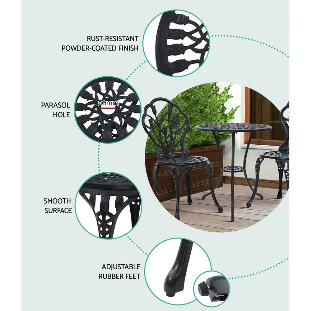 3PC Outdoor Bistro Set Cast Aluminum Patio Table and Chairs Tulip Design Black Garden Furniture