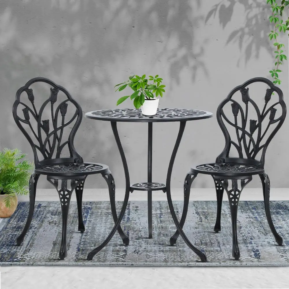 3PC Outdoor Bistro Set Cast Aluminum Patio Table and Chairs Tulip Design Black Garden Furniture