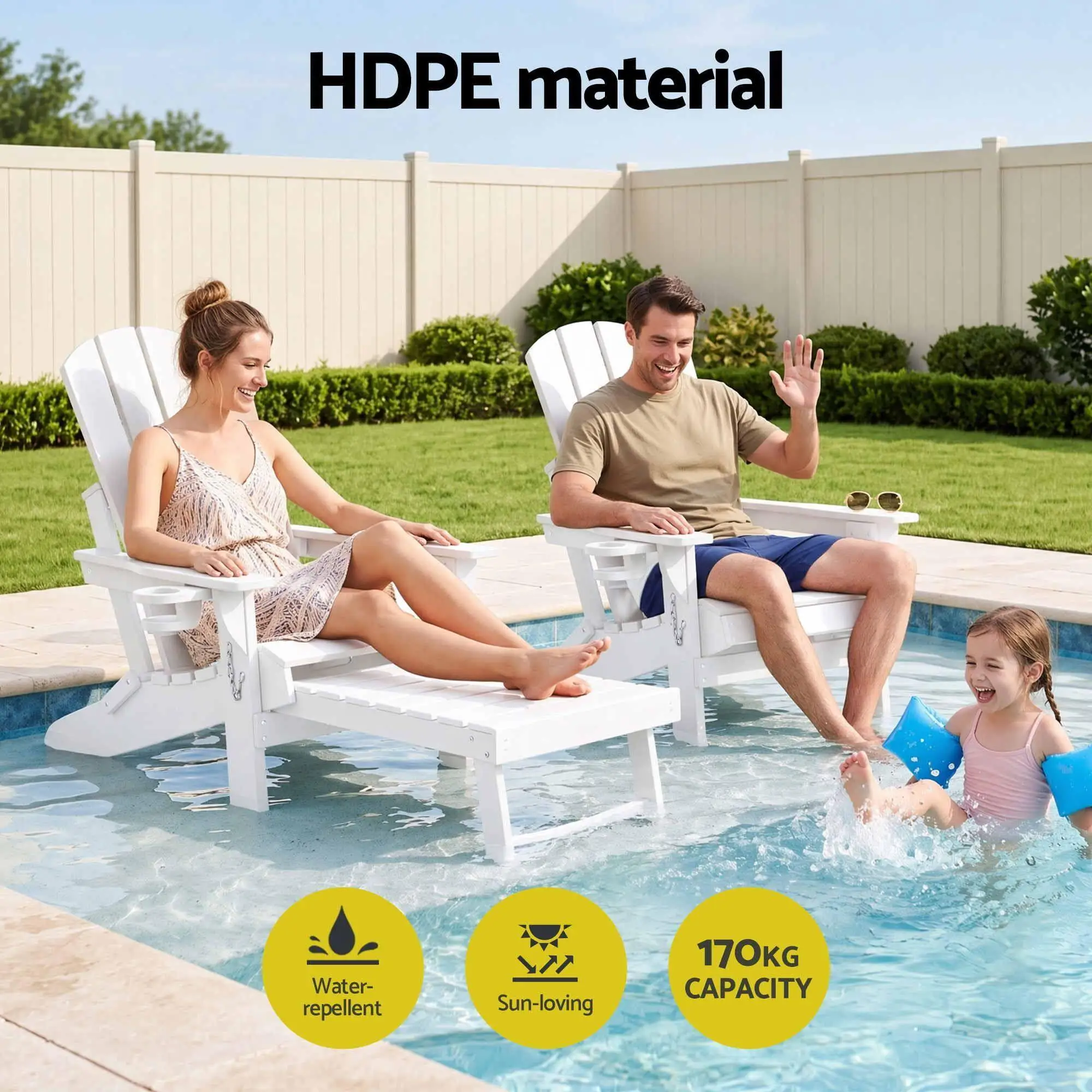 Folding Sun Lounger Adirondack Style Outdoor Lounge Chair HDPE Recliner with Footrest White