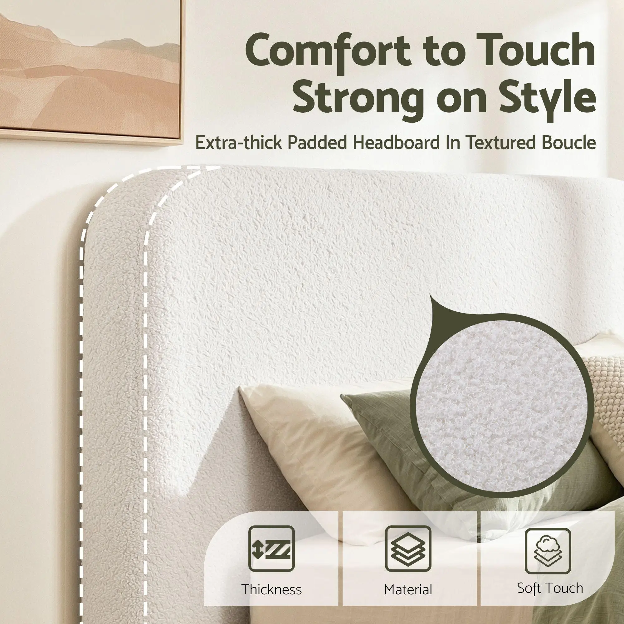 Queen Size Boucle Fabric Headboard Soft for bed Backrest Removable Washable Cover Vacuum Compressed No Assembly 172cm Wide