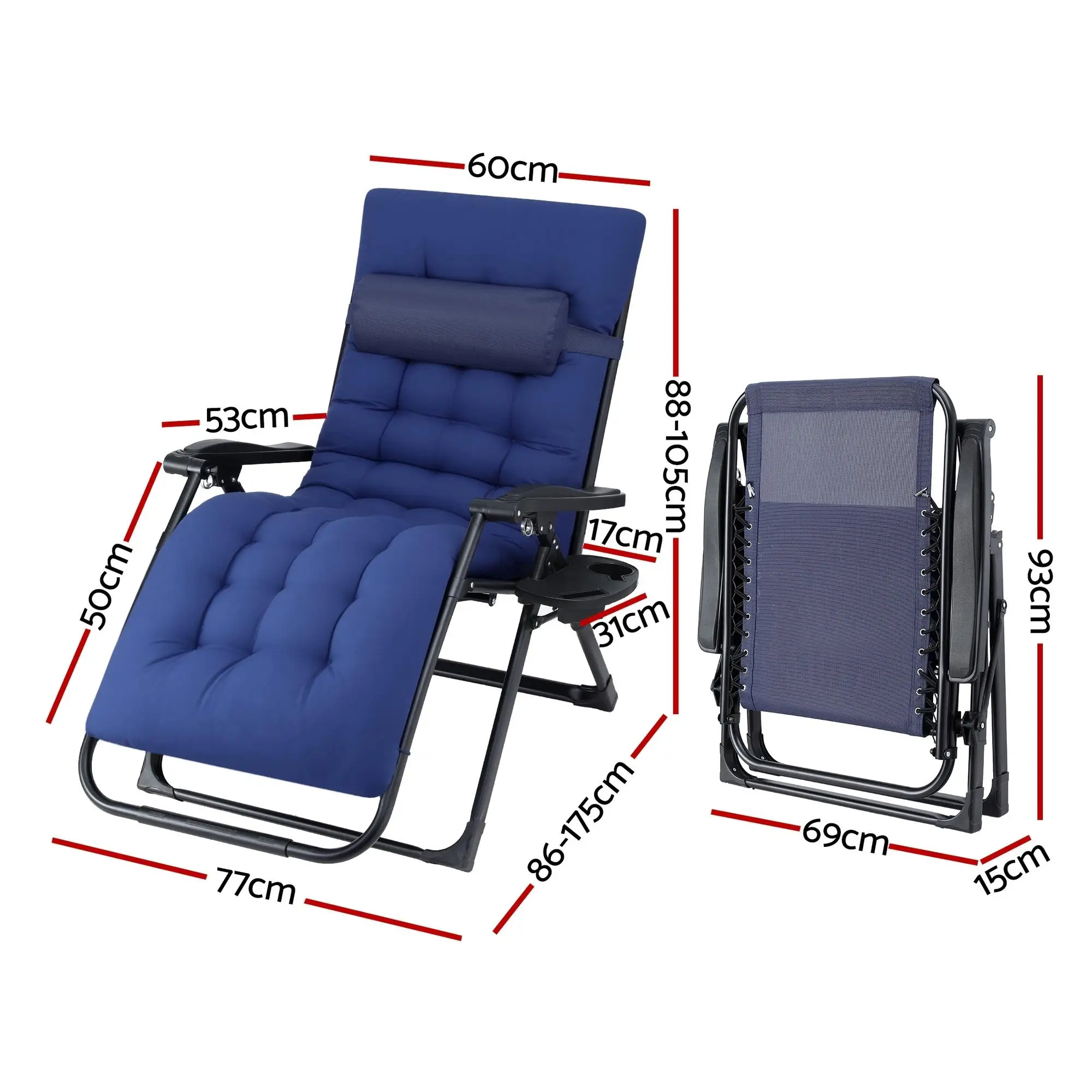 XL Blue Folding Zero Gravity Camping Lounger Reclining Outdoor Patio Chair Portable Adjustable Lounge Chair Furniture for Beach Garden Yard Pool