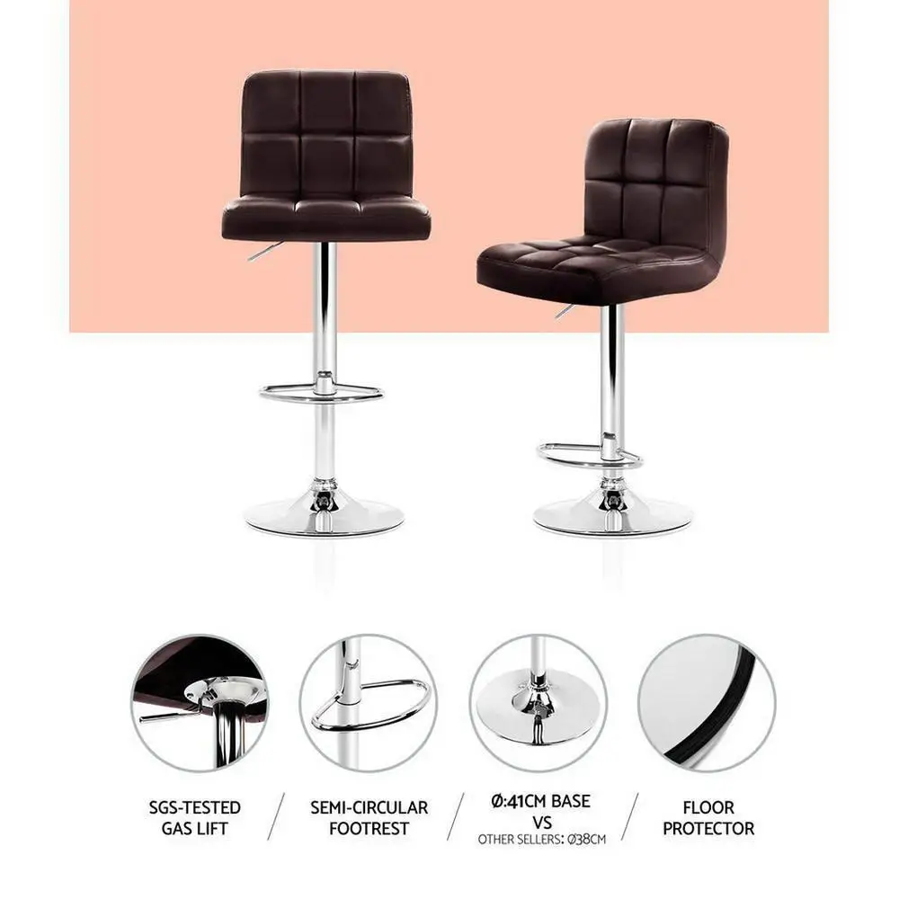 2x Brown Leather Gas Lift Bar Stools Modern Adjustable Kitchen Counter Chairs