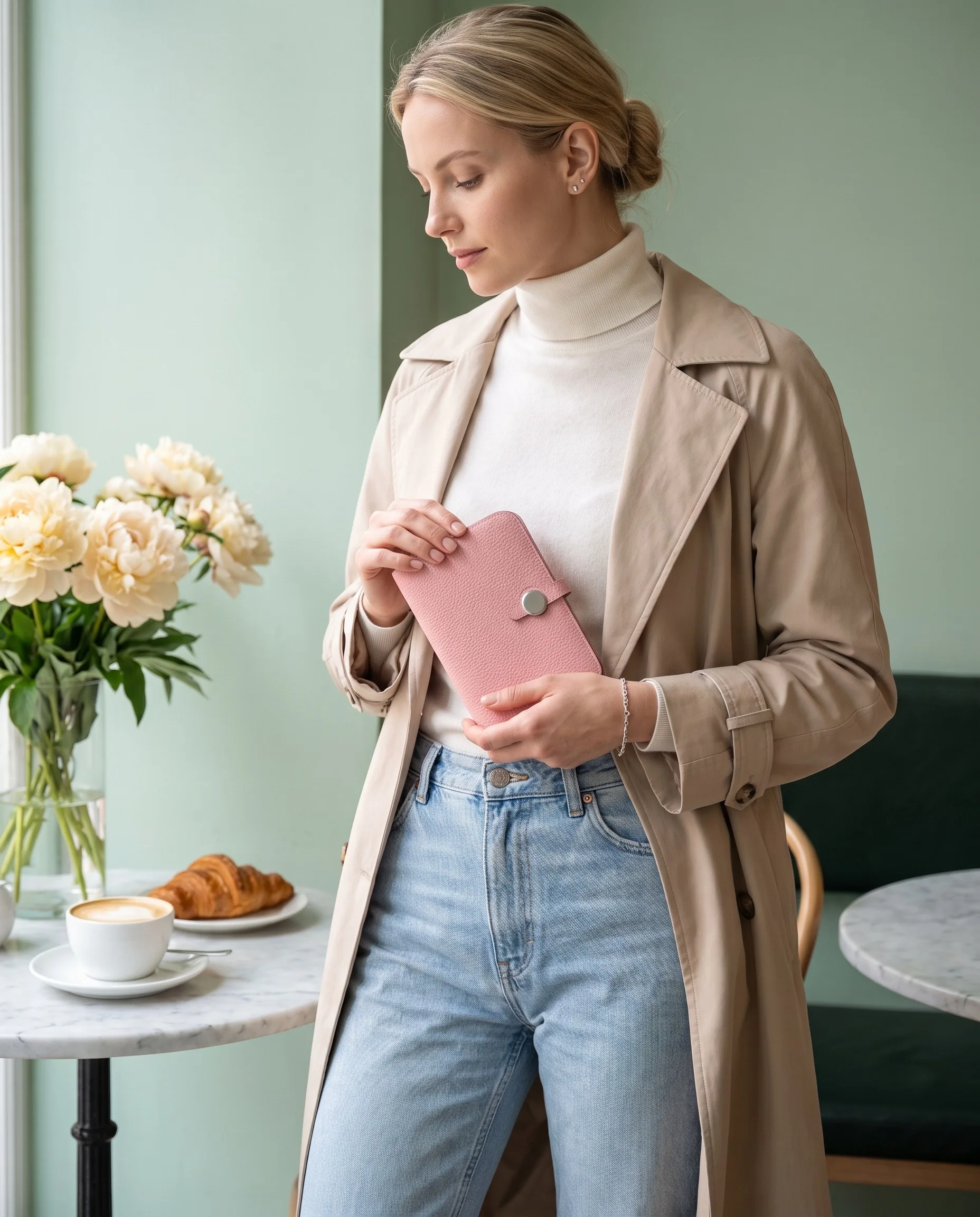 Premium Full Grain Leather Wallet Women Black Pebbled Compact Card Holder Coin Purse French Style Real Leather Snap Closure