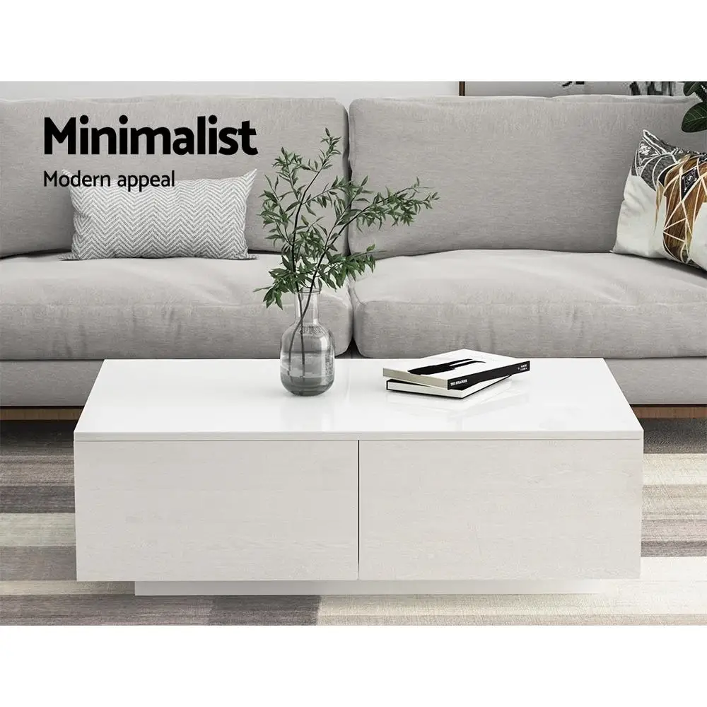 White Rectangular Coffee Table with 4 Storage Drawers Modern Living Room Center Table for Home Office Use
