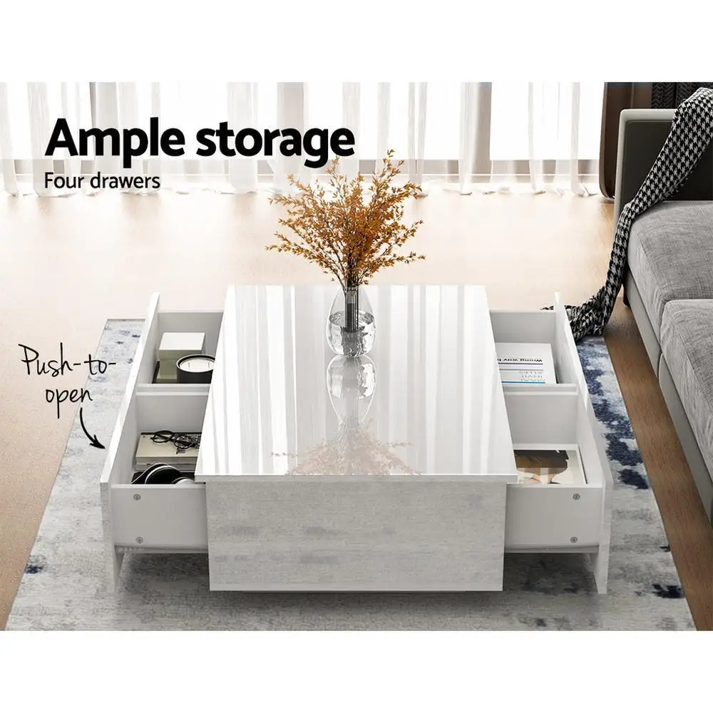 White Rectangular Coffee Table with 4 Storage Drawers Modern Living Room Center Table for Home Office Use