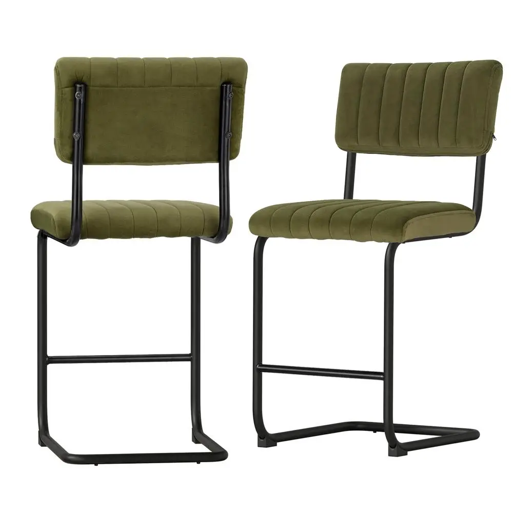 2 Pack Velvet Green Bar Stools Upholstered Counter Height Chairs Modern Kitchen Island Seating with Backrest and Footrest
