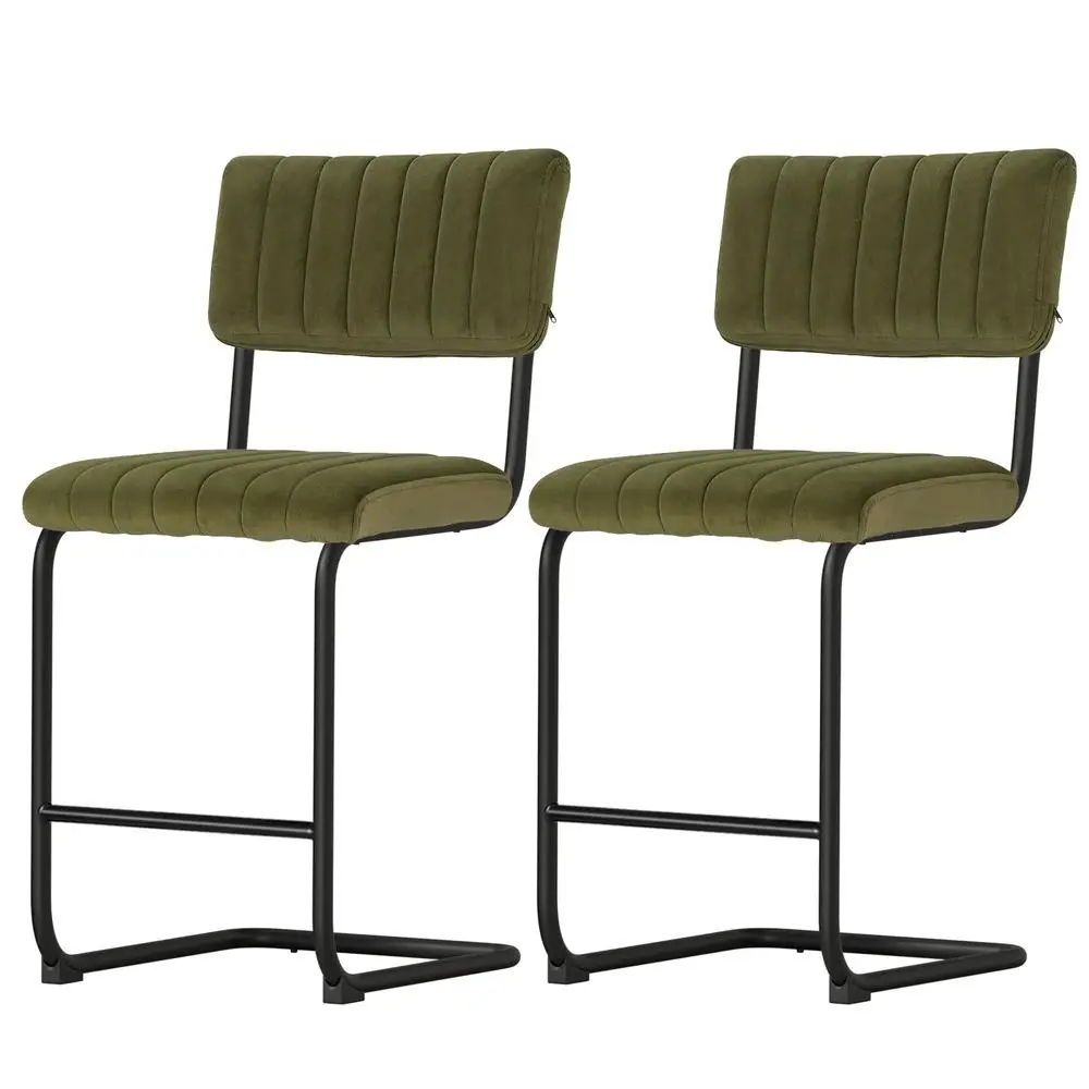 2 Pack Velvet Green Bar Stools Upholstered Counter Height Chairs Modern Kitchen Island Seating with Backrest and Footrest