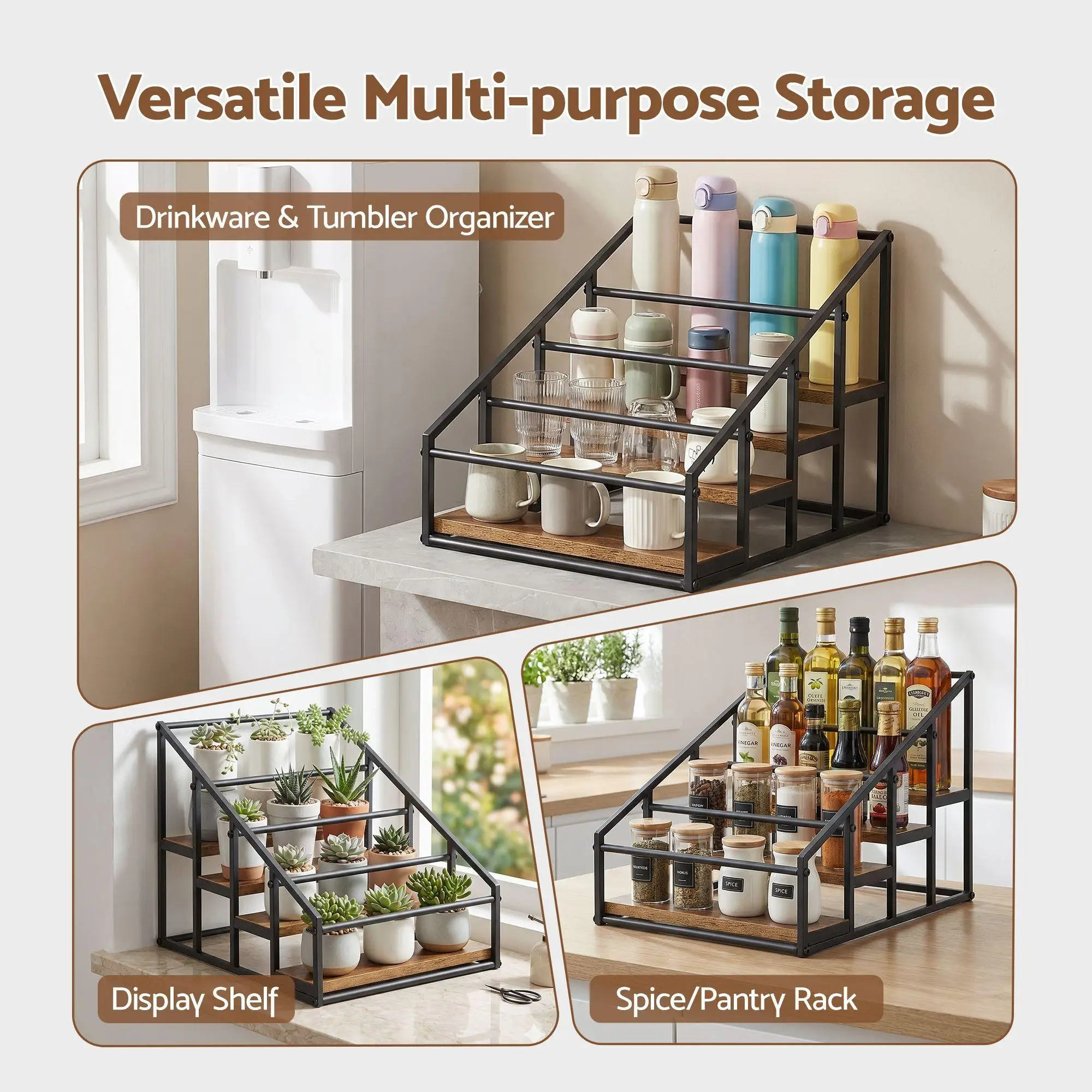 4 Tier Freestanding Wine Rack Tabletop Countertop Bottle Holder for 16 Bottles Black Wood Rack