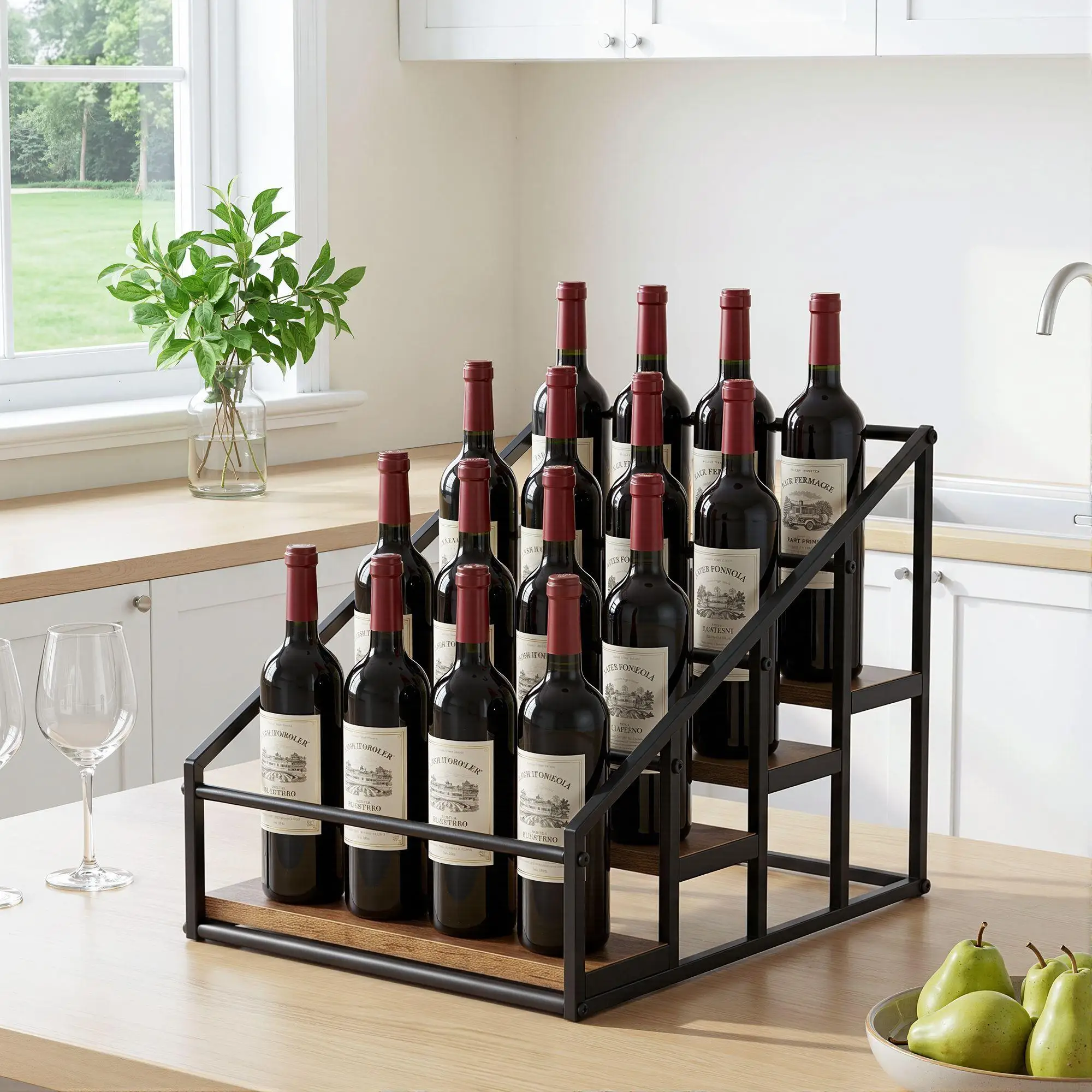 4 Tier Freestanding Wine Rack Tabletop Countertop Bottle Holder for 16 Bottles Black Wood Rack