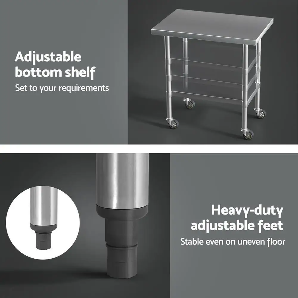 Stainless Steel Kitchen Work Bench with Wheels 91x61cm Heavy Duty Utility Table for Home and Commercial Use
