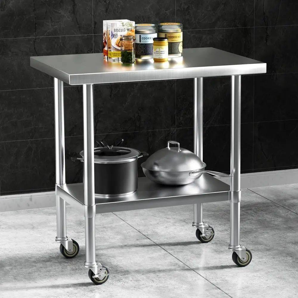 Stainless Steel Kitchen Work Bench with Wheels 91x61cm Heavy Duty Utility Table for Home and Commercial Use
