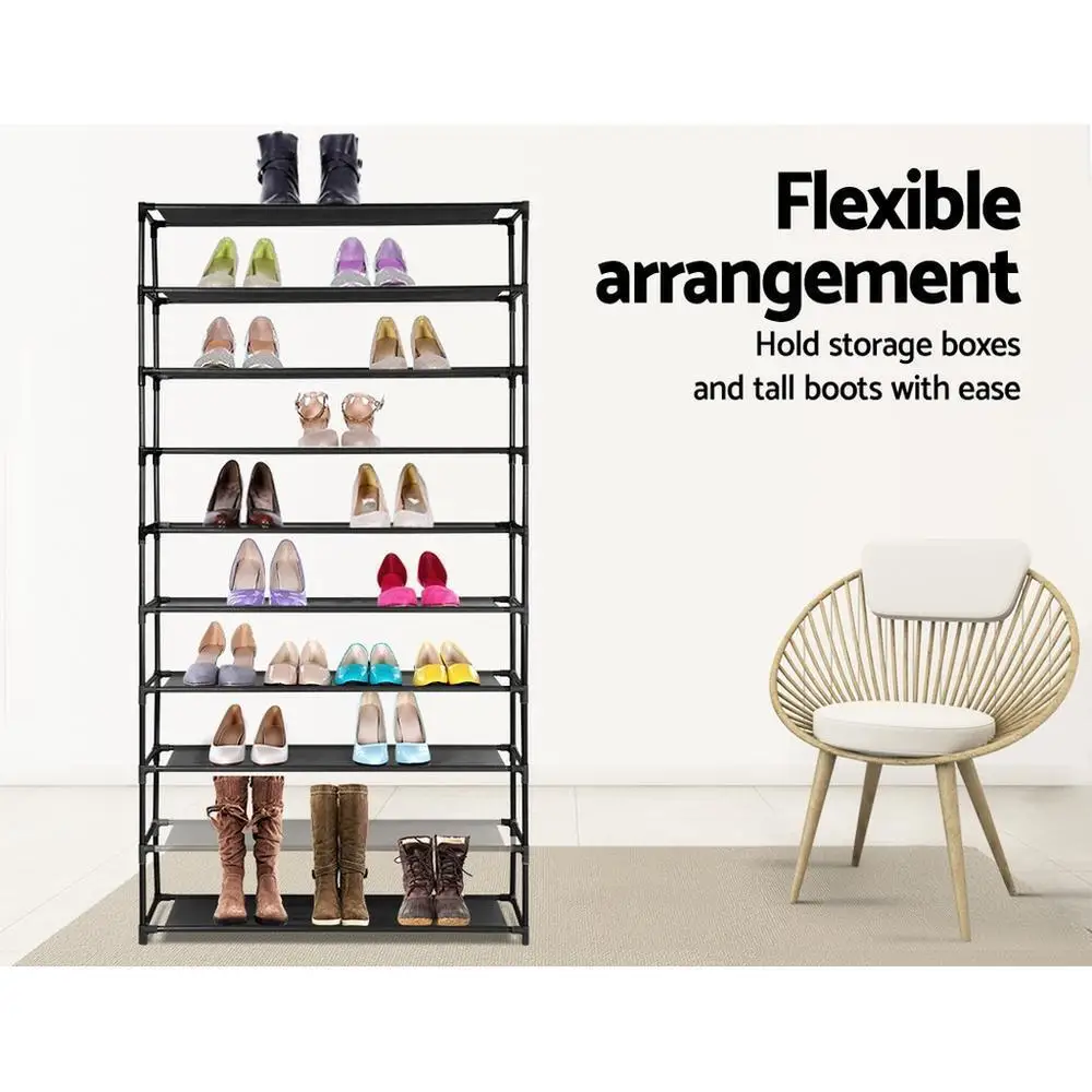 50 Pair 10 Tier Stackable Shoe Rack Cabinet Black Space Saving Storage Organizer