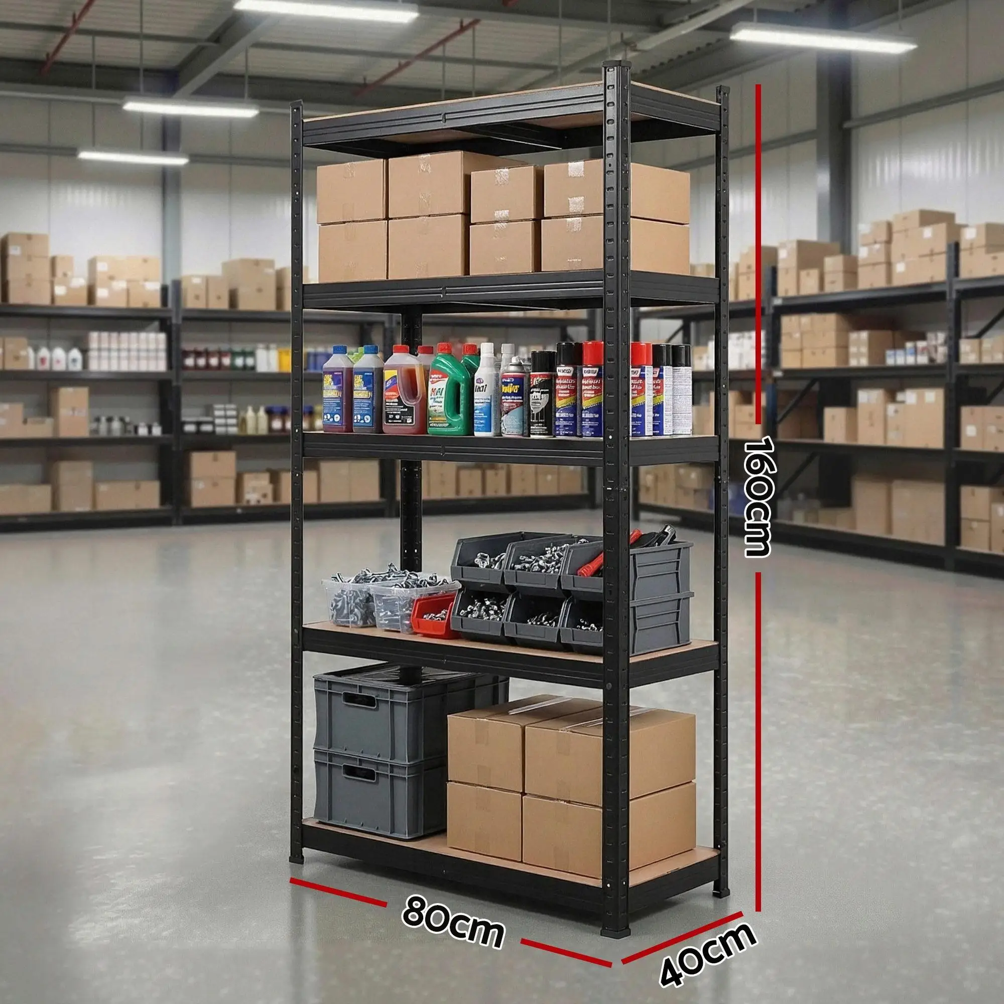 Heavy Duty Garage Shelving 1600x800mm Warehouse Storage Rack Adjustable Steel Black