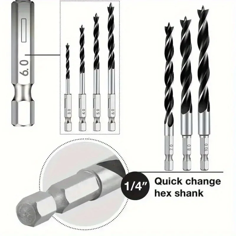 8PCS-3/4/5/6/7/8/9/10mm 1/4Hexagonal Handle Three-Point Positioning Woodworking Drill Bit