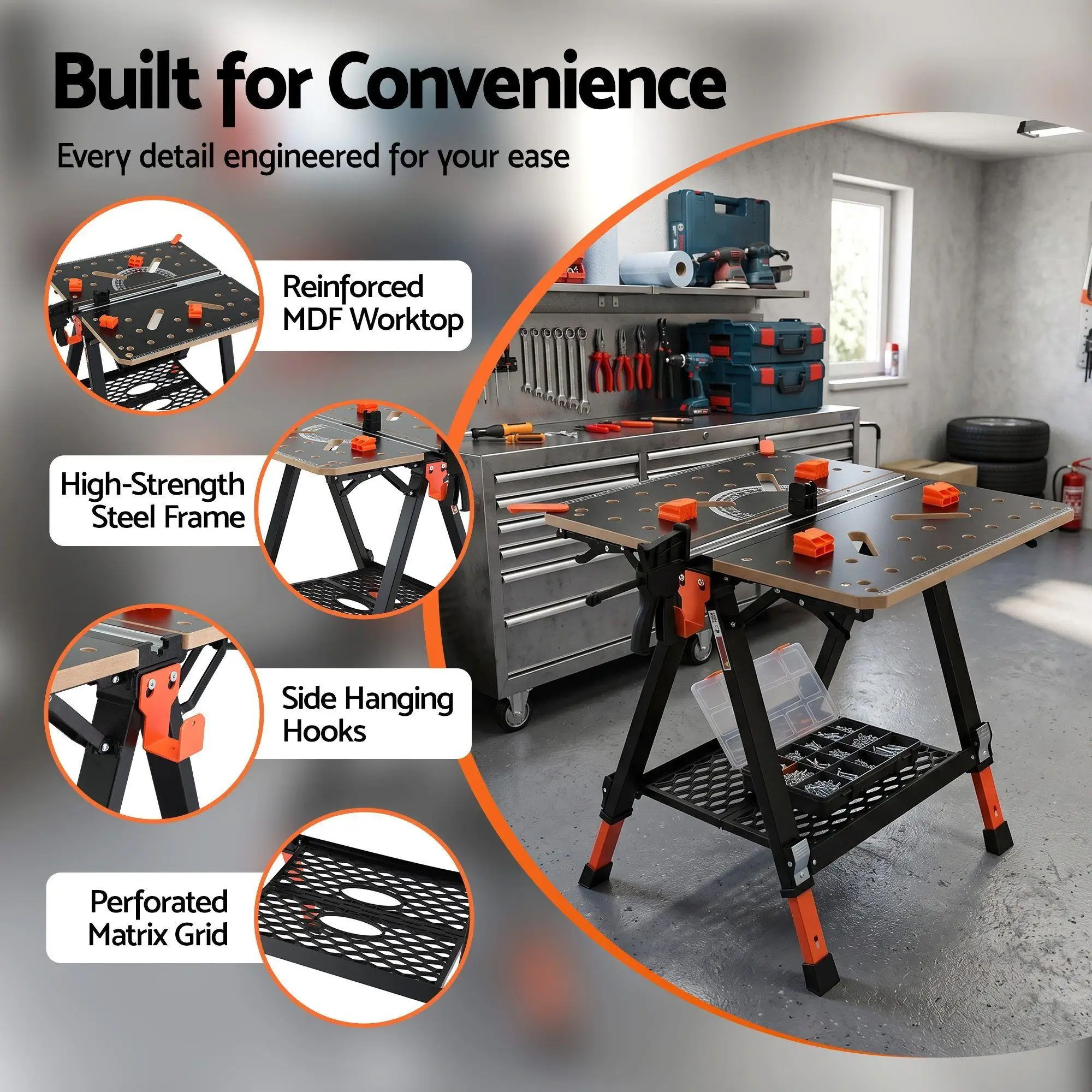 Portable Folding Work Table 454kg Heavy Duty Adjustable Workbench for Garage Workshop Construction Projects
