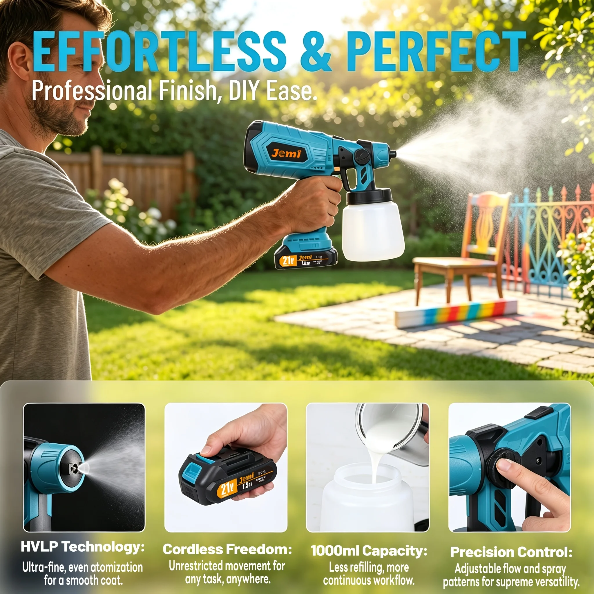 Jemi Tool Brushless Electric Spray Gun, 21V Lithium Battery Portable Home Paint Sprayer, 1/2 Battery and Quick Charger, 1000ml Paint Container, Suitable for Home Decoration, Furniture Refurbishment and Handicraft Painting.