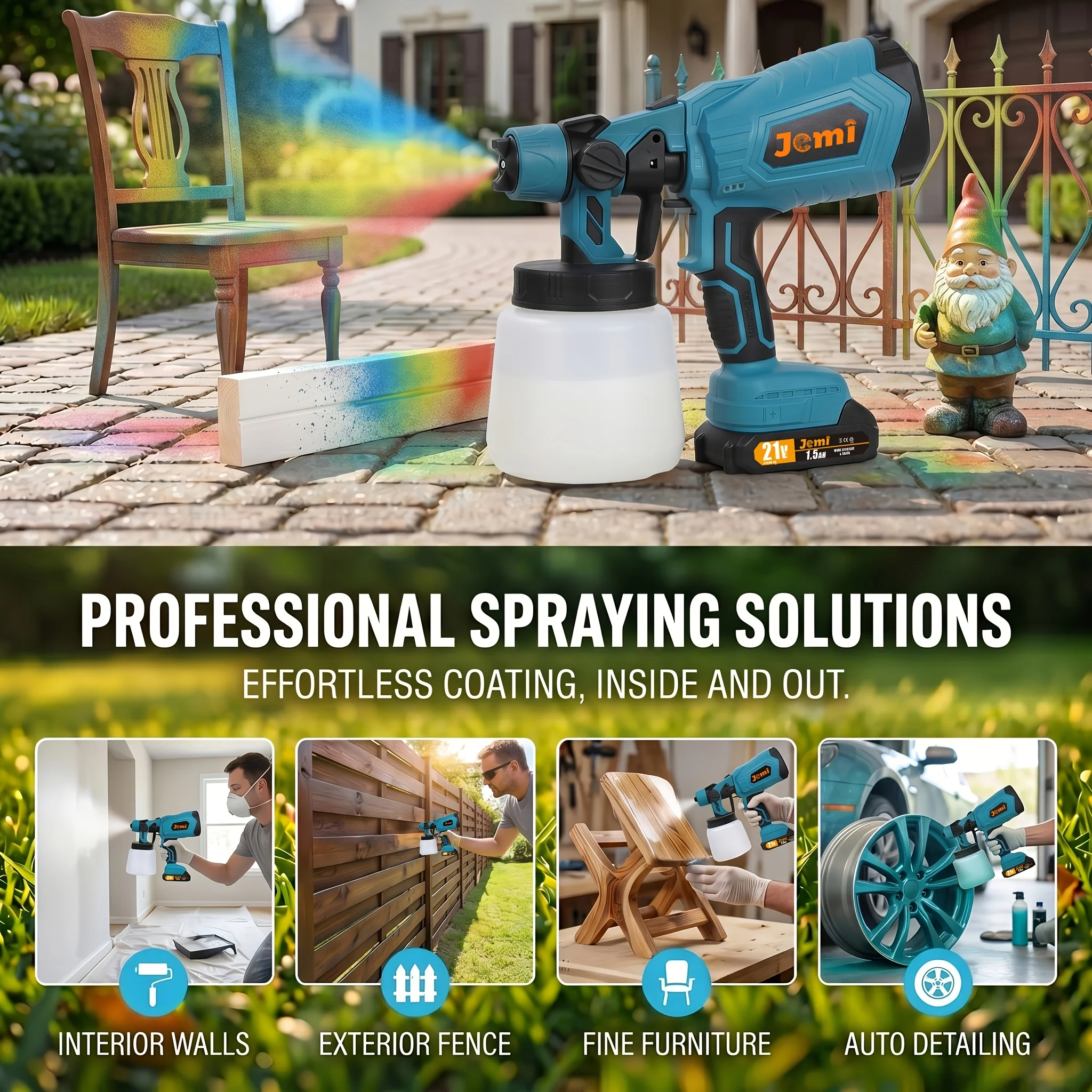 Jemi Tool Brushless Electric Spray Gun, 21V Lithium Battery Portable Home Paint Sprayer, 1/2 Battery and Quick Charger, 1000ml Paint Container, Suitable for Home Decoration, Furniture Refurbishment and Handicraft Painting.