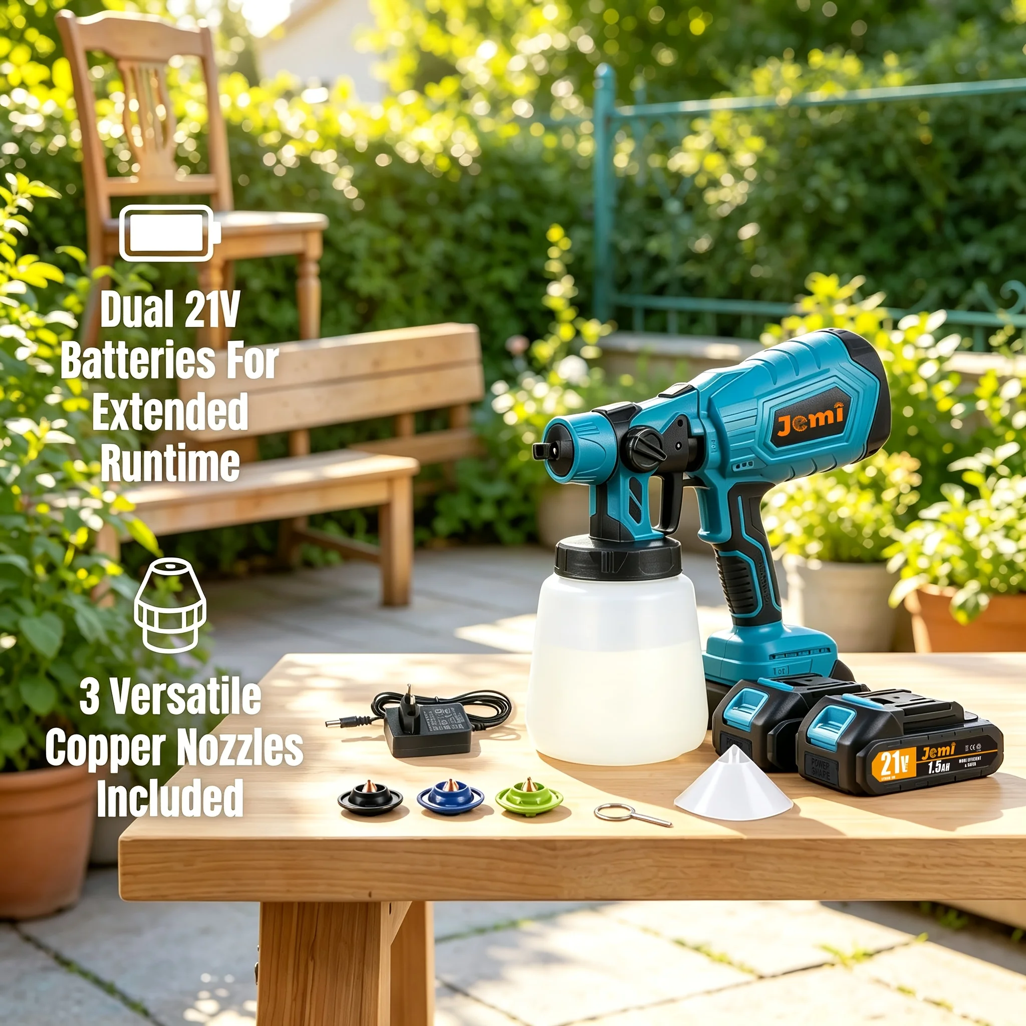 Jemi Tool Brushless Electric Spray Gun, 21V Lithium Battery Portable Home Paint Sprayer, 1/2 Battery and Quick Charger, 1000ml Paint Container, Suitable for Home Decoration, Furniture Refurbishment and Handicraft Painting.