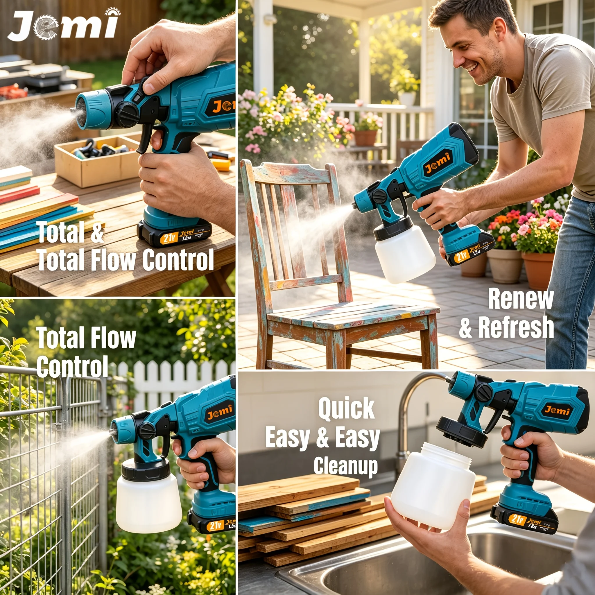 Jemi Tool Brushless Electric Spray Gun, 21V Lithium Battery Portable Home Paint Sprayer, 1/2 Battery and Quick Charger, 1000ml Paint Container, Suitable for Home Decoration, Furniture Refurbishment and Handicraft Painting.
