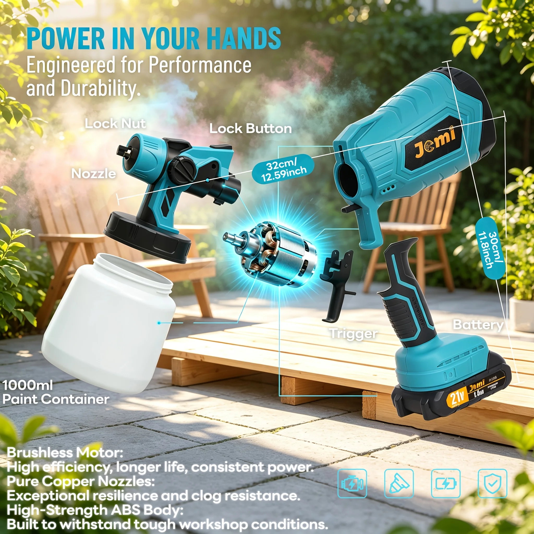 Jemi Tool Brushless Electric Spray Gun, 21V Lithium Battery Portable Home Paint Sprayer, 1/2 Battery and Quick Charger, 1000ml Paint Container, Suitable for Home Decoration, Furniture Refurbishment and Handicraft Painting.