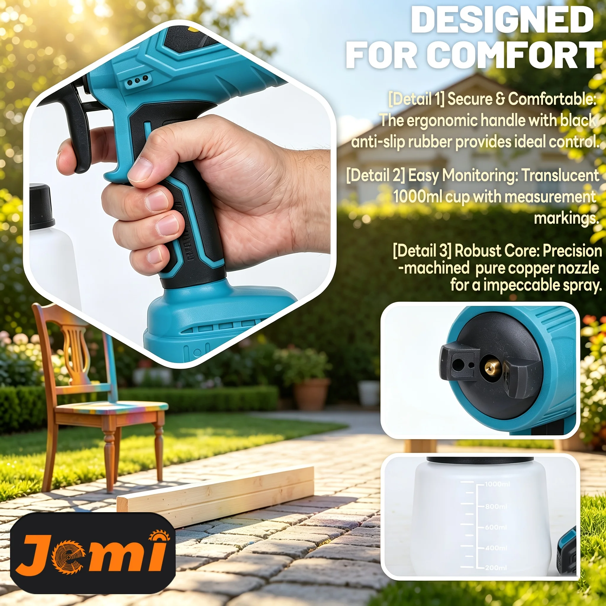 Jemi Tool Brushless Electric Spray Gun, 21V Lithium Battery Portable Home Paint Sprayer, 1/2 Battery and Quick Charger, 1000ml Paint Container, Suitable for Home Decoration, Furniture Refurbishment and Handicraft Painting.