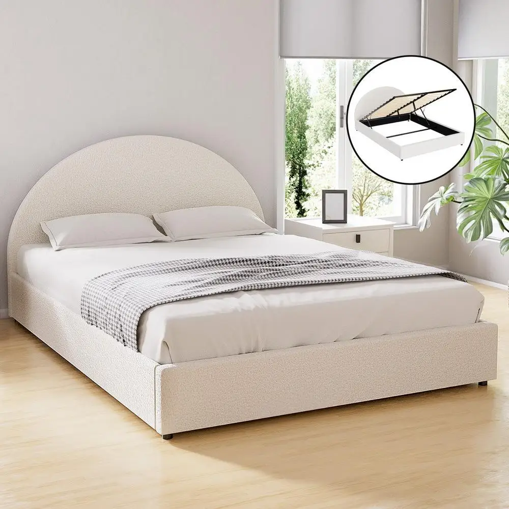 Queen Boucle Fabric Gas Lift Storage Bed Frame Platform Base ELLA Style