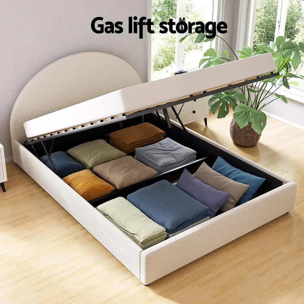 Queen Boucle Fabric Gas Lift Storage Bed Frame Platform Base ELLA Style