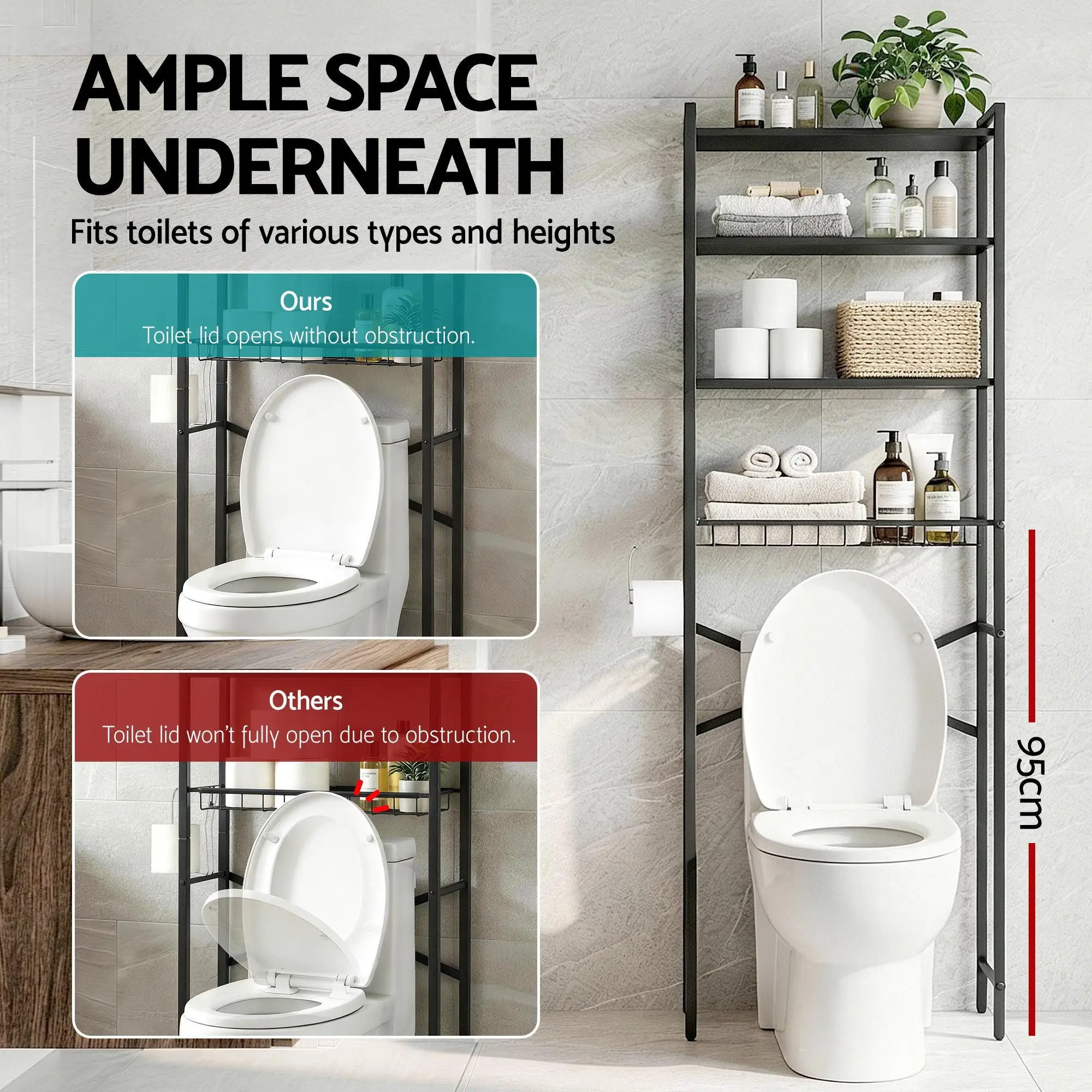 Over Toilet Bathroom Storage Rack 4 Tier Space Saving White Organizer Shelf for Home Bathroom Laundry Room