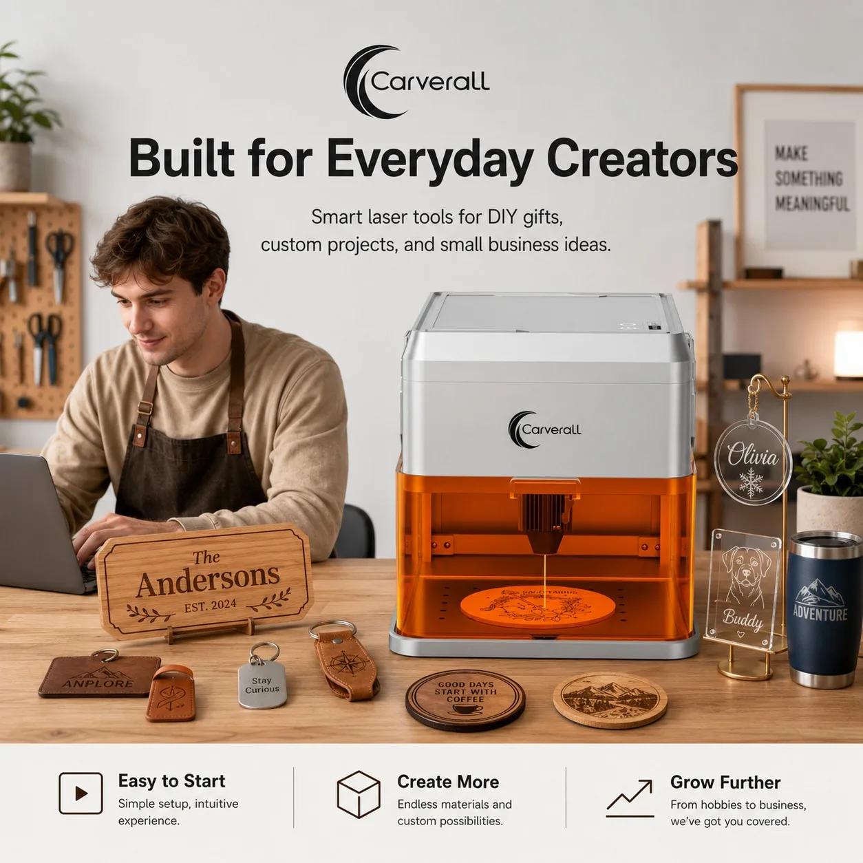 Carverall K15PRO 7W 12W Laser Engraver Cutter Machine, 200x300mm A4 Area, 15000mm/min, 0.01mm Precision, WiFi USB App, LightBurn LaserGRBL, 300+ Materials, for Wood Leather Acrylic, DIY Crafts, Personalised Gifts, Home Workshop Small Business
