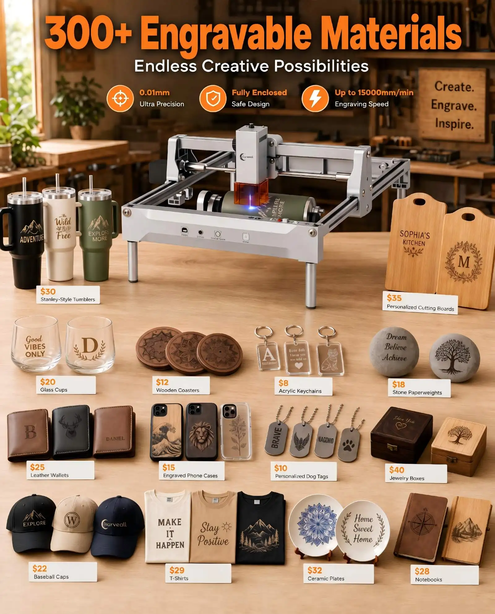 Carverall K15PRO 7W 12W Laser Engraver Cutter Machine, 200x300mm A4 Area, 15000mm/min, 0.01mm Precision, WiFi USB App, LightBurn LaserGRBL, 300+ Materials, for Wood Leather Acrylic, DIY Crafts, Personalised Gifts, Home Workshop Small Business