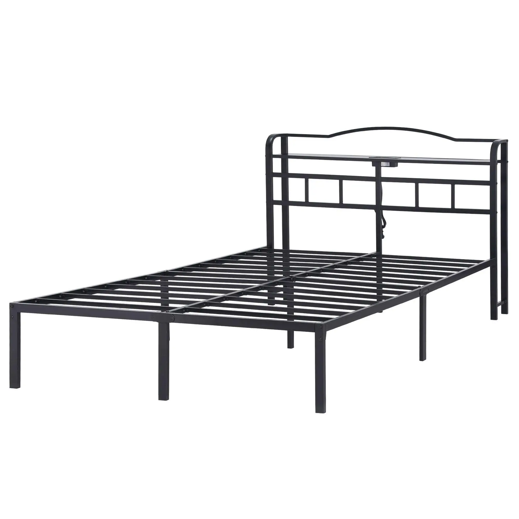 Queen Size Bed Frame with Charging Station Modern Upholstered Platform Bed Frame with Storage Headboard for Bedroom