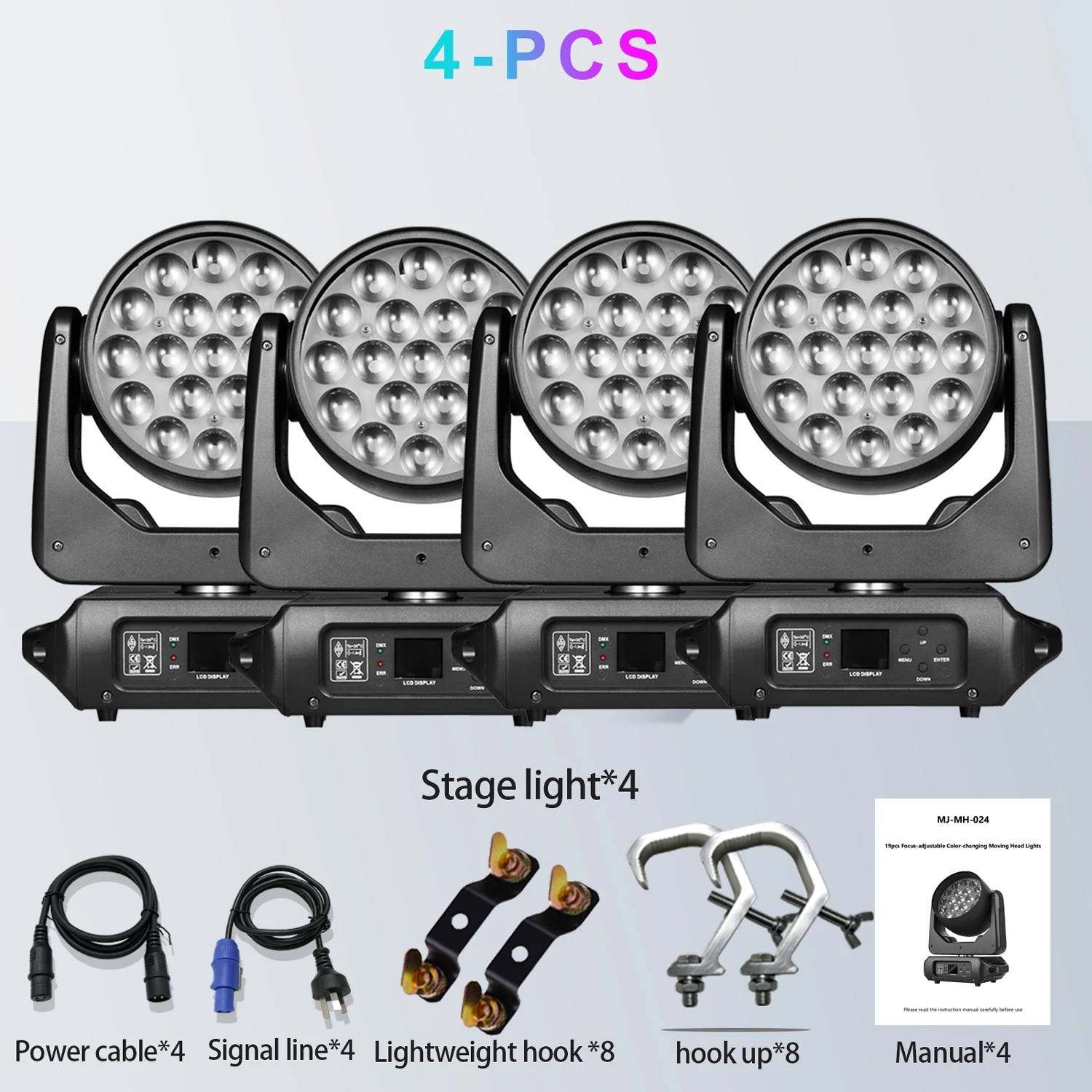 Moving Head Light with Hook, 19x15W RGBW 4in1 LED Beam Wash Zoom Effect Light, DMX512 Stage Light for DJ Disco Party Concert Wedding KTV Club, 540° Pan 270° Tilt, 8°-60° Zoom, 0-100% Dimming, Strobe
