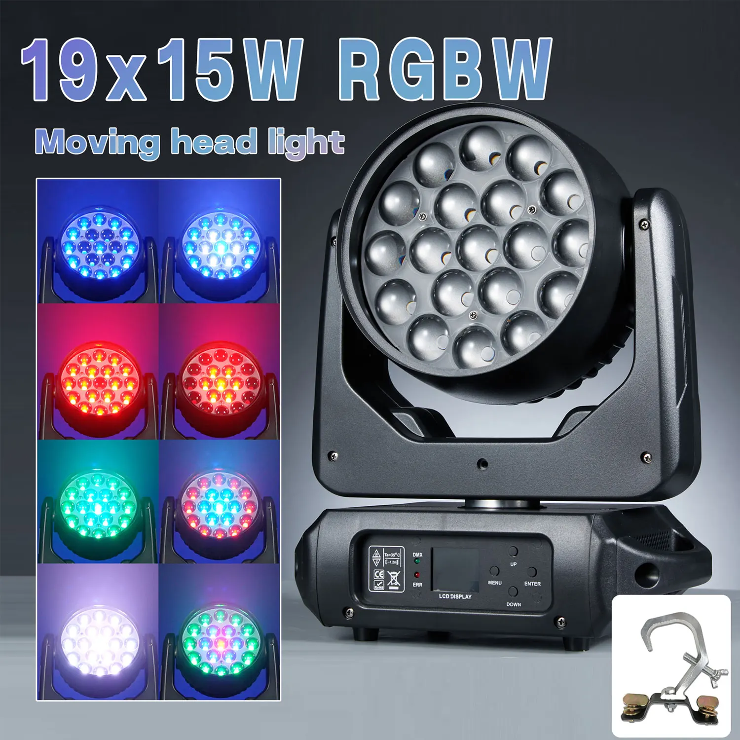 Moving Head Light with Hook, 19x15W RGBW 4in1 LED Beam Wash Zoom Effect Light, DMX512 Stage Light for DJ Disco Party Concert Wedding KTV Club, 540° Pan 270° Tilt, 8°-60° Zoom, 0-100% Dimming, Strobe