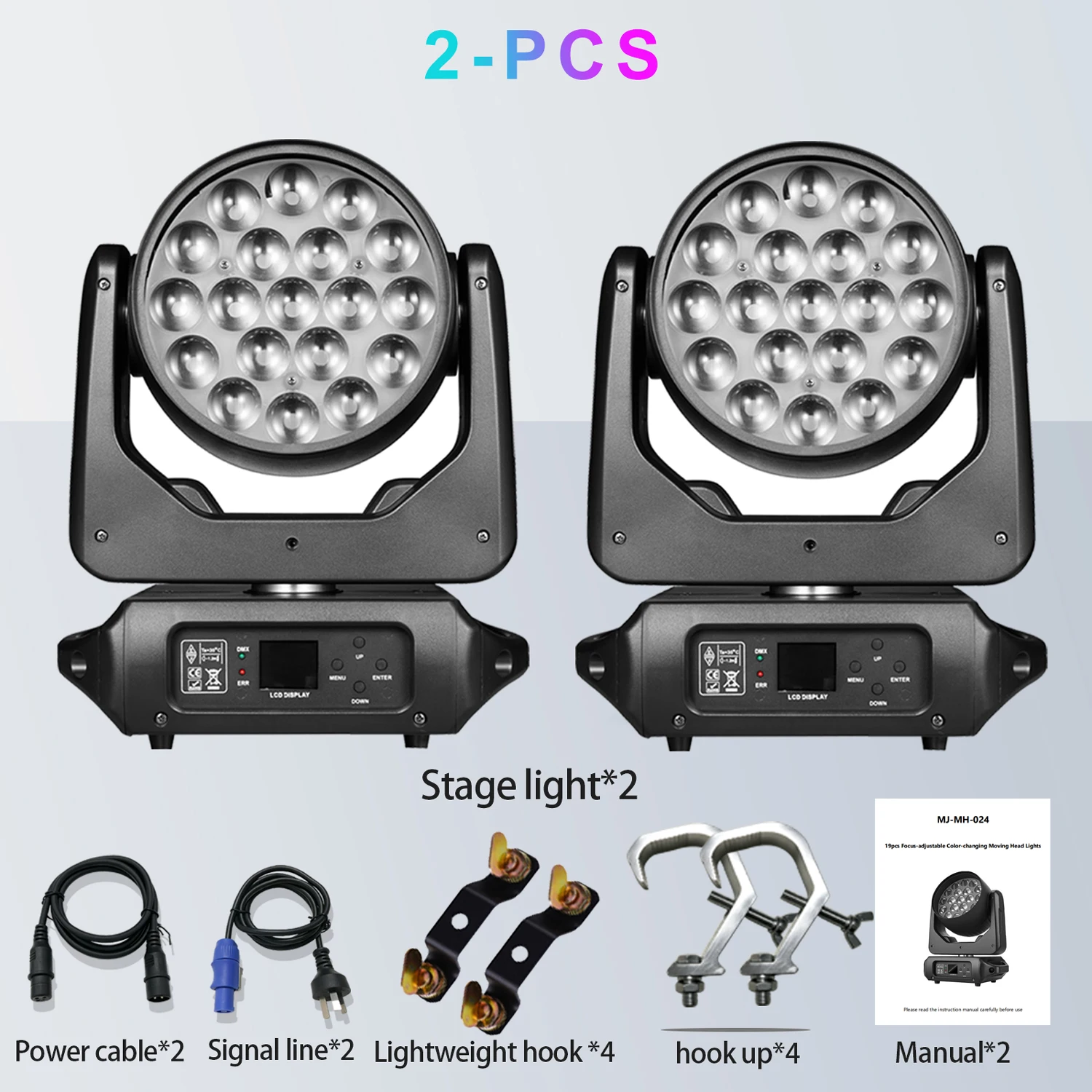 Moving Head Light with Hook, 19x15W RGBW 4in1 LED Beam Wash Zoom Effect Light, DMX512 Stage Light for DJ Disco Party Concert Wedding KTV Club, 540° Pan 270° Tilt, 8°-60° Zoom, 0-100% Dimming, Strobe