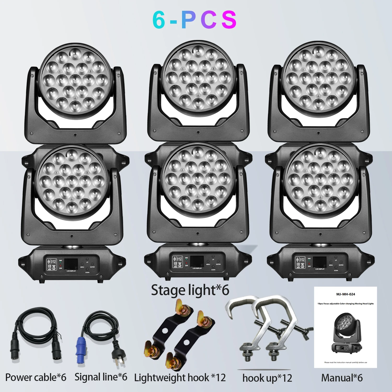 Moving Head Light with Hook, 19x15W RGBW 4in1 LED Beam Wash Zoom Effect Light, DMX512 Stage Light for DJ Disco Party Concert Wedding KTV Club, 540° Pan 270° Tilt, 8°-60° Zoom, 0-100% Dimming, Strobe