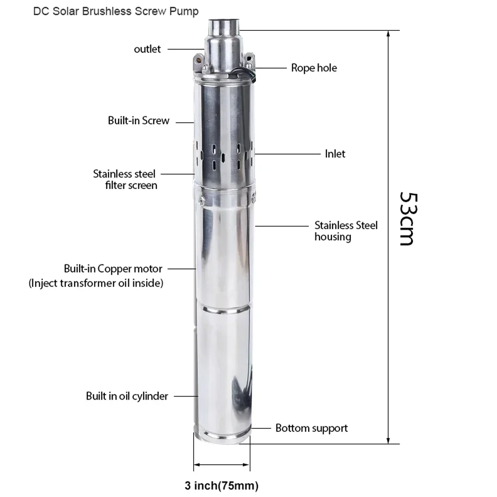 370W 750W 24V 48V 60V 72V DC Brushless Solar Submersible Water Pump with Built-in Controller, Solar Screw Deep Well Pump
