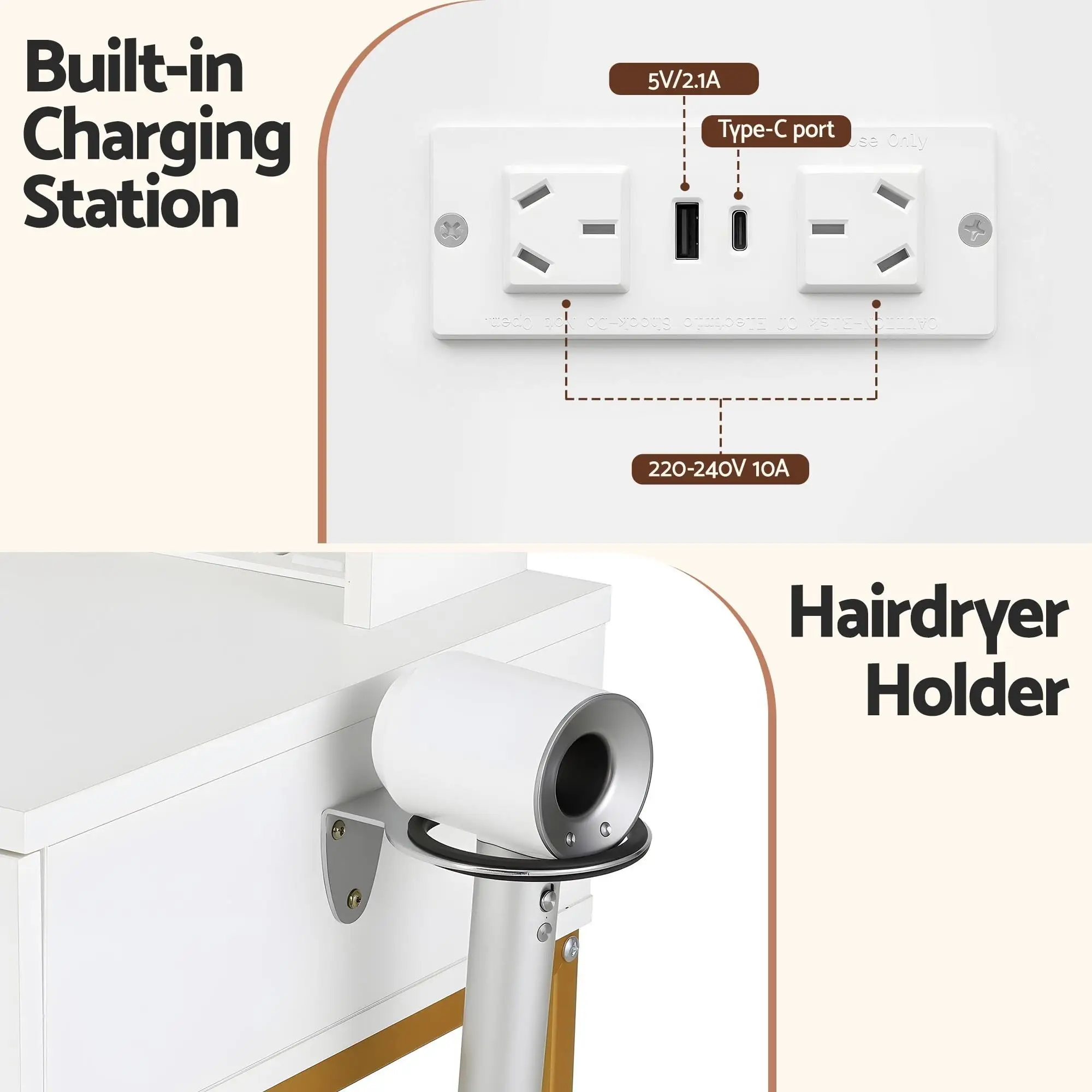 White Dressing Table Vanity Desk Set with Stool LED Mirror Charging Station Modern Makeup Table Bedroom Furniture