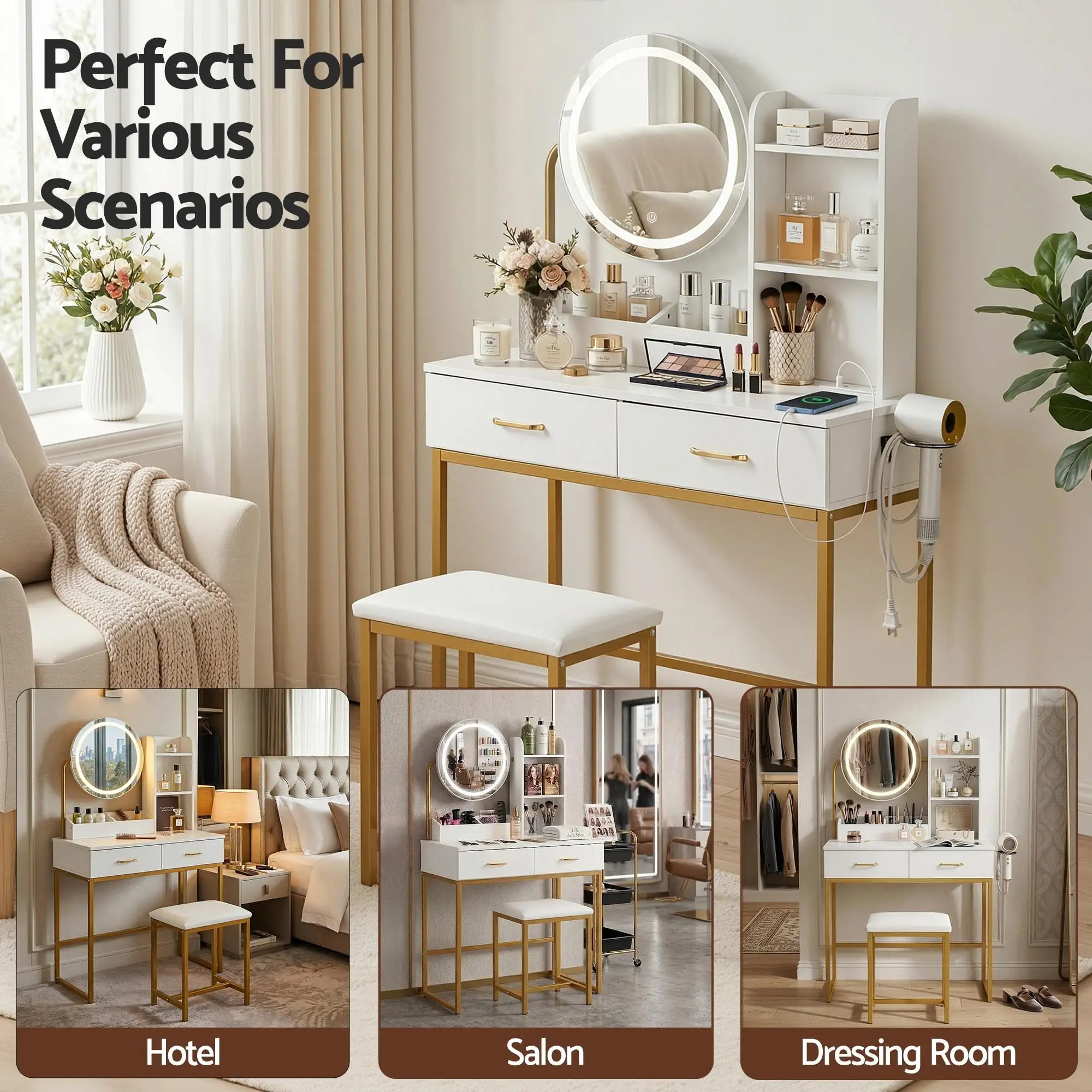 White Dressing Table Vanity Desk Set with Stool LED Mirror Charging Station Modern Makeup Table Bedroom Furniture