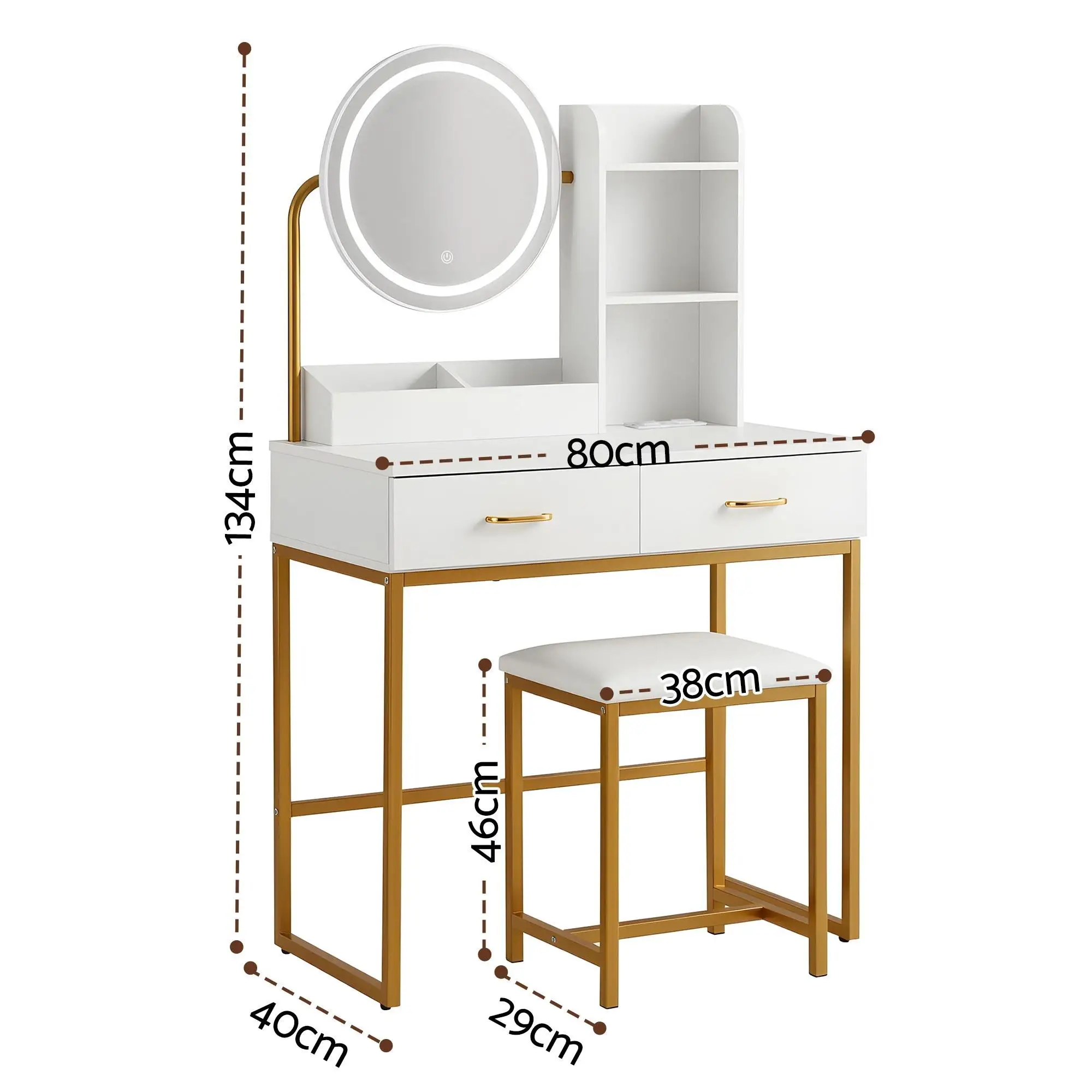 White Dressing Table Vanity Desk Set with Stool LED Mirror Charging Station Modern Makeup Table Bedroom Furniture