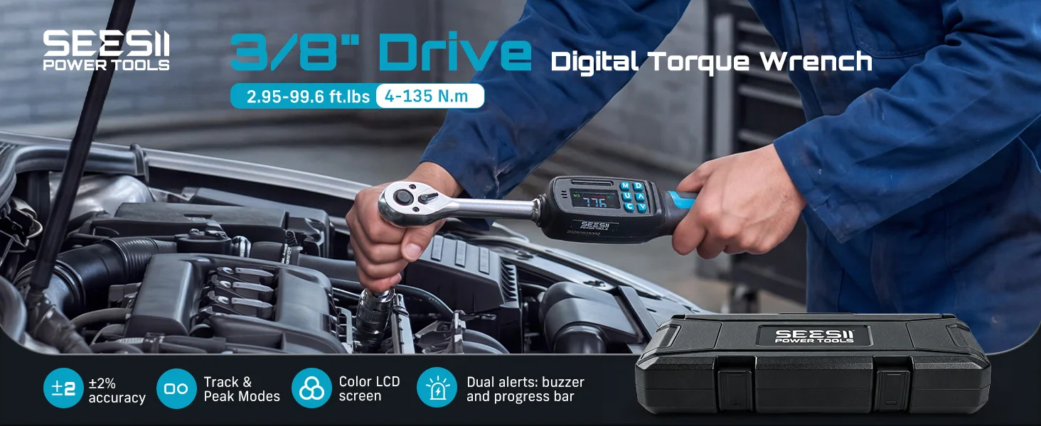 SEESII D3-Nova 3/8" 135N.m Digital Torque Wrench Kit Dual Direction Ratchet ±2% Accuracy Buzzer and LED Alart Track & Peak Mode for Auto/Motorcycle/Bicycle Repair