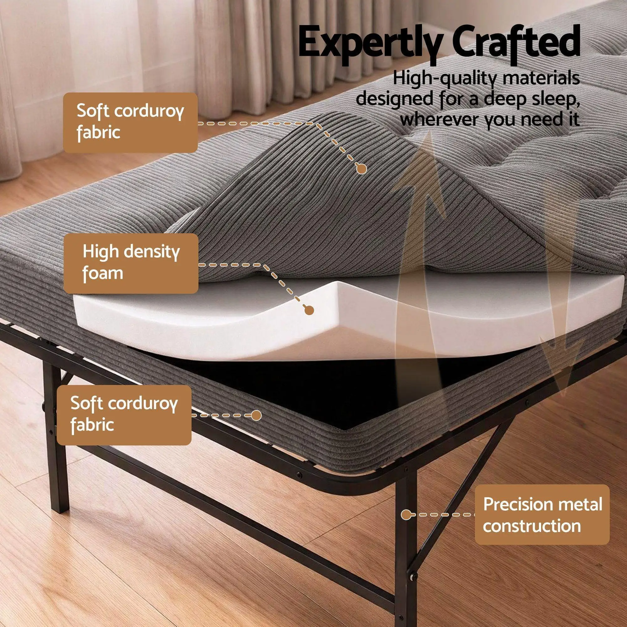 Foldable Guest Bed with 15cm Foam Mattress Single Metal Folding Frame Portable Sleeping Cot