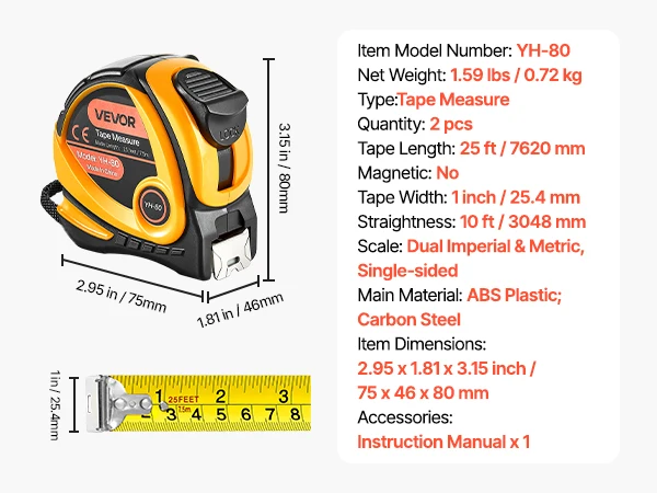 SucceBuy Tape Measure 25 ft Length Measuring Tape with Retractable Imperial and Metric ft/m Dual-Scale & ABS Case for Outdoor