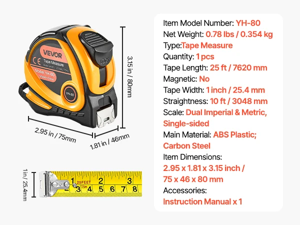 SucceBuy Tape Measure 25 ft Length Measuring Tape with Retractable Imperial and Metric ft/m Dual-Scale & ABS Case for Outdoor