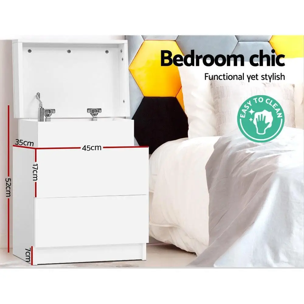 Bedside Table White 2 Drawer Lift Up Storage Nightstand Wooden Side Table for Bedroom Living Room Compact Organizer Furniture