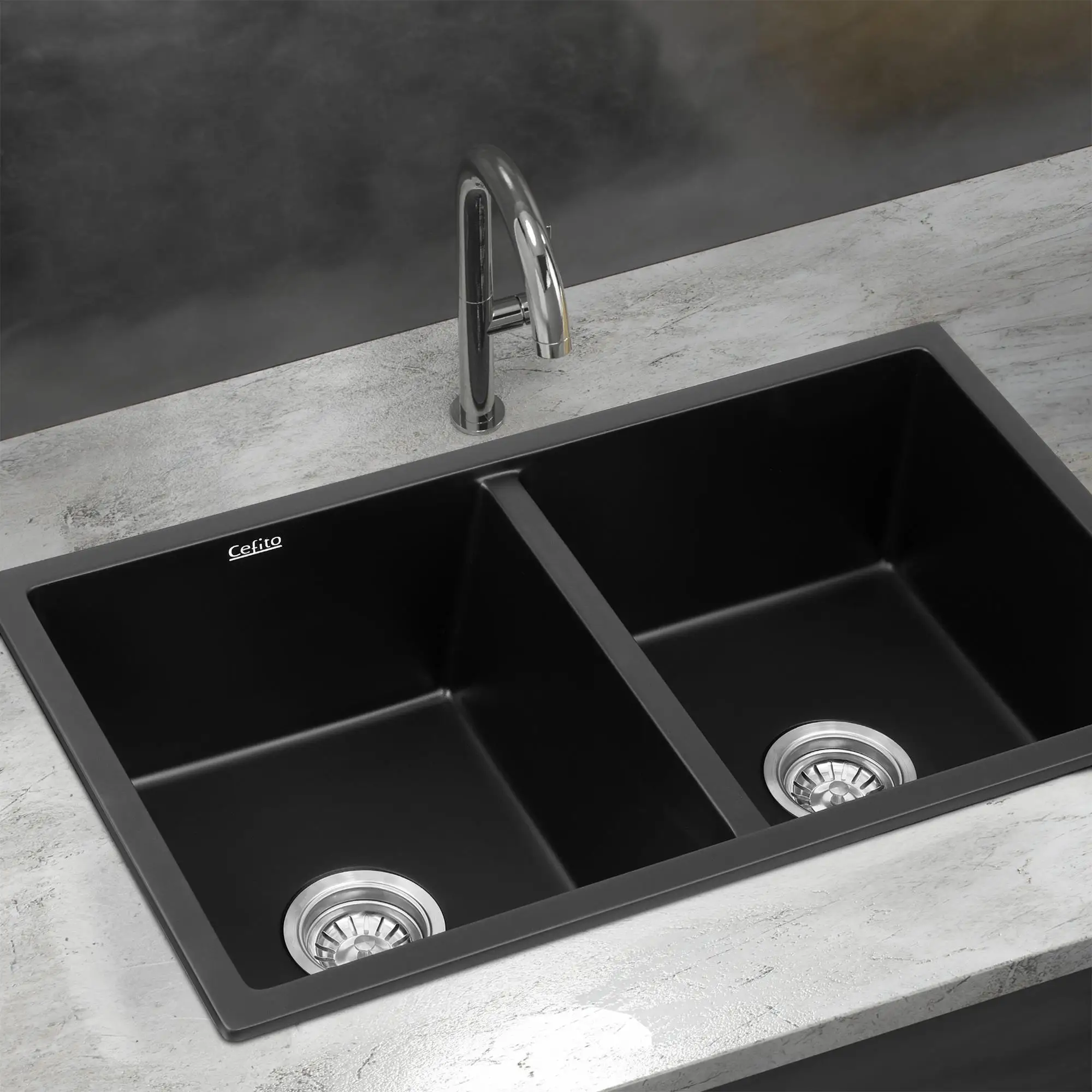 77x45cm Black Granite Stone Kitchen Sink Double Bowl Durable Undermount Topmount Modern Anti Scratch Composite Basin
