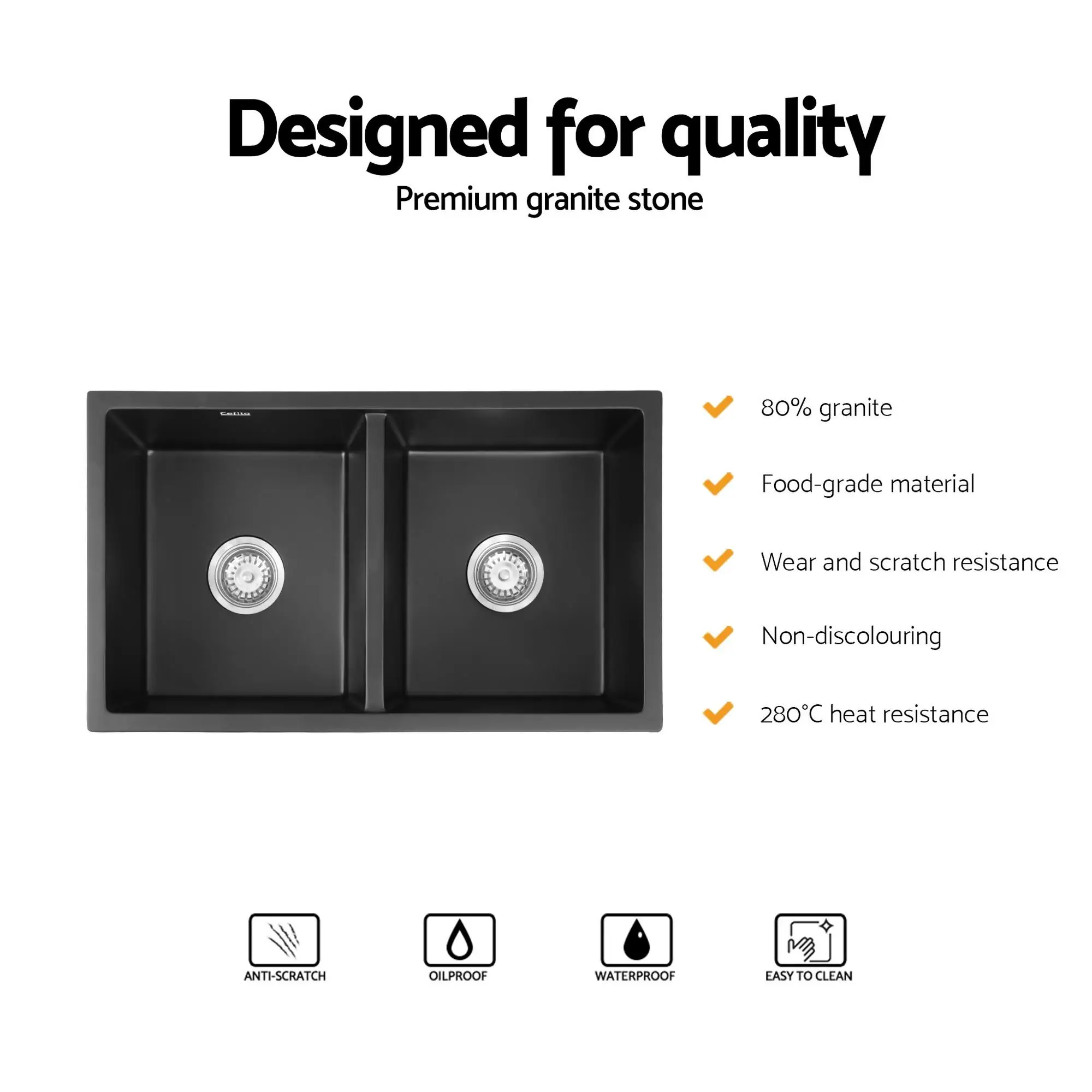 77x45cm Black Granite Stone Kitchen Sink Double Bowl Durable Undermount Topmount Modern Anti Scratch Composite Basin