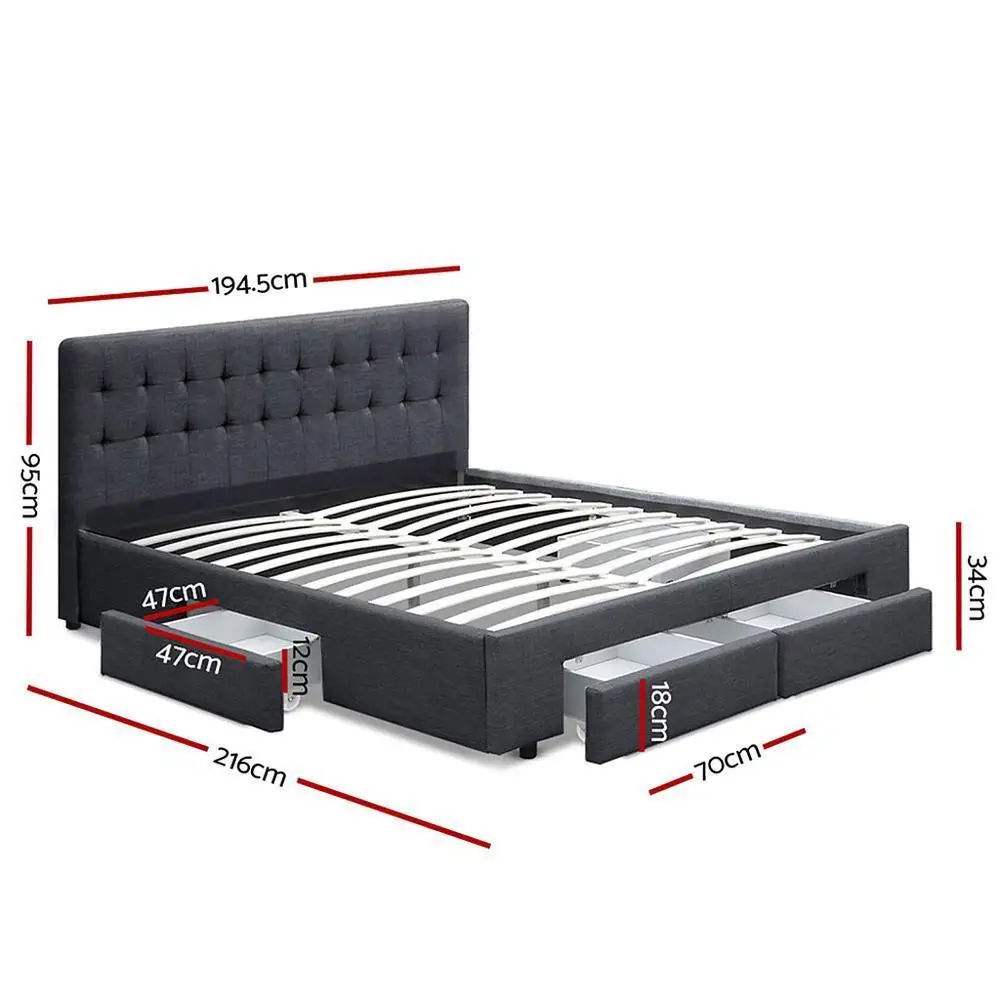 King Size Bed Frame with 4 Storage Drawers Charcoal Upholstered Platform Bed Frame Heavy Duty Support Modern Bedroom Furniture