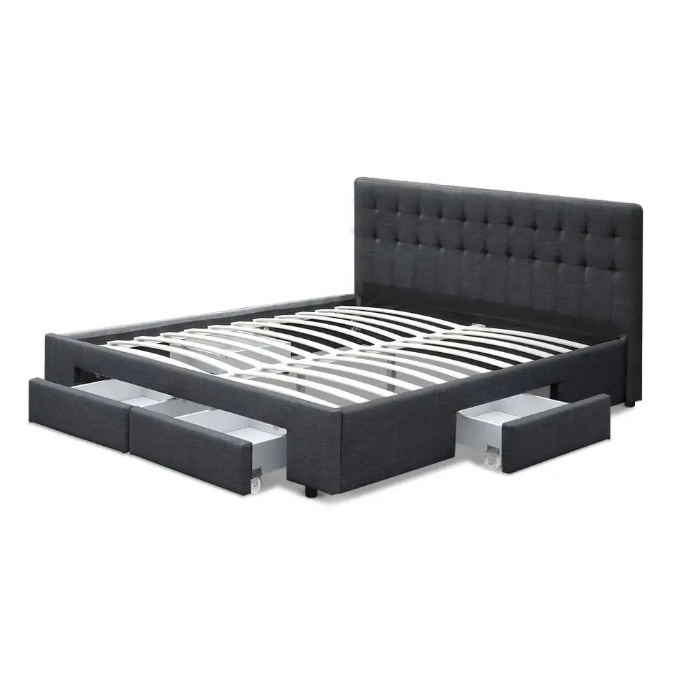King Size Bed Frame with 4 Storage Drawers Charcoal Upholstered Platform Bed Frame Heavy Duty Support Modern Bedroom Furniture