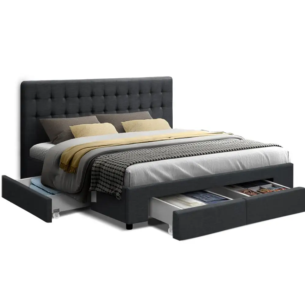 King Size Bed Frame with 4 Storage Drawers Charcoal Upholstered Platform Bed Frame Heavy Duty Support Modern Bedroom Furniture