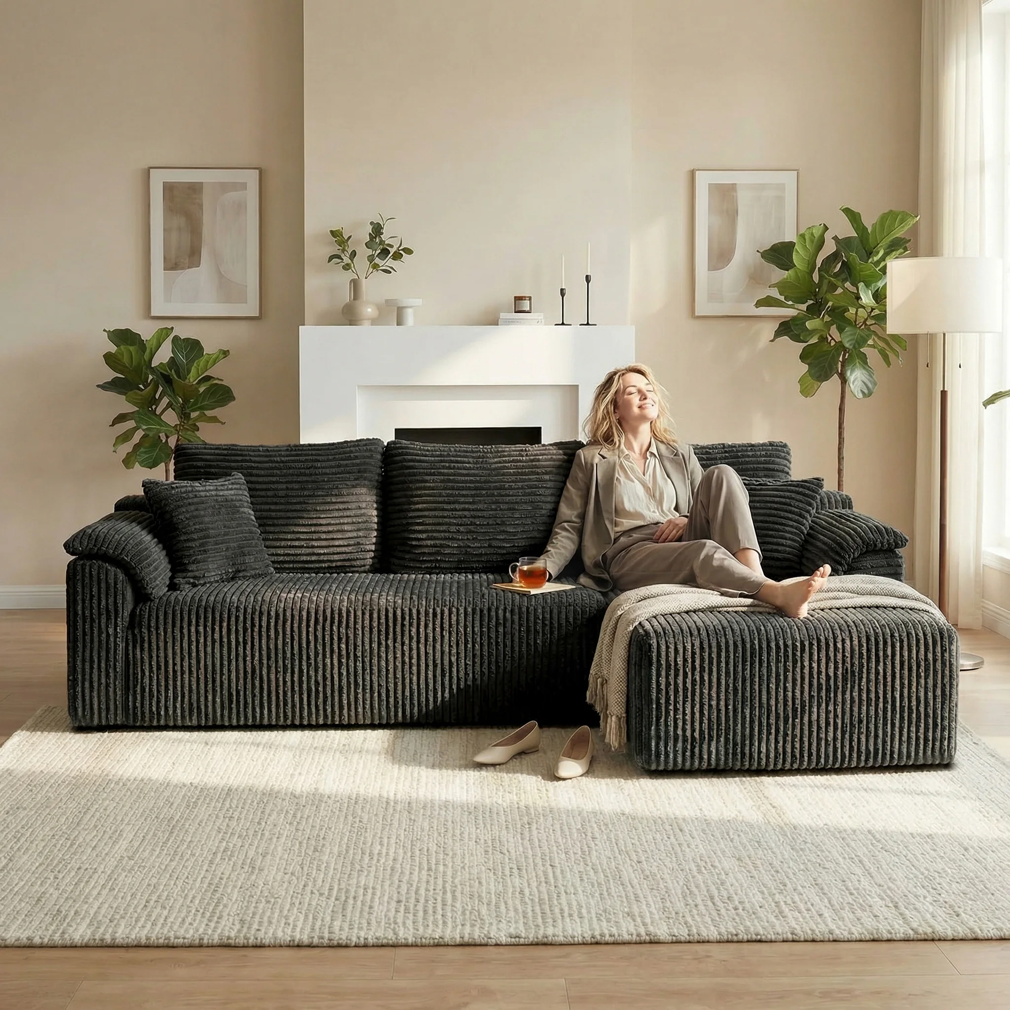 103.2" Black Corduroy L‑Shape Modular Compressed Sectional Sofa with Chaise & Throw Pillows, AU Local Warehouse Fast Delivery